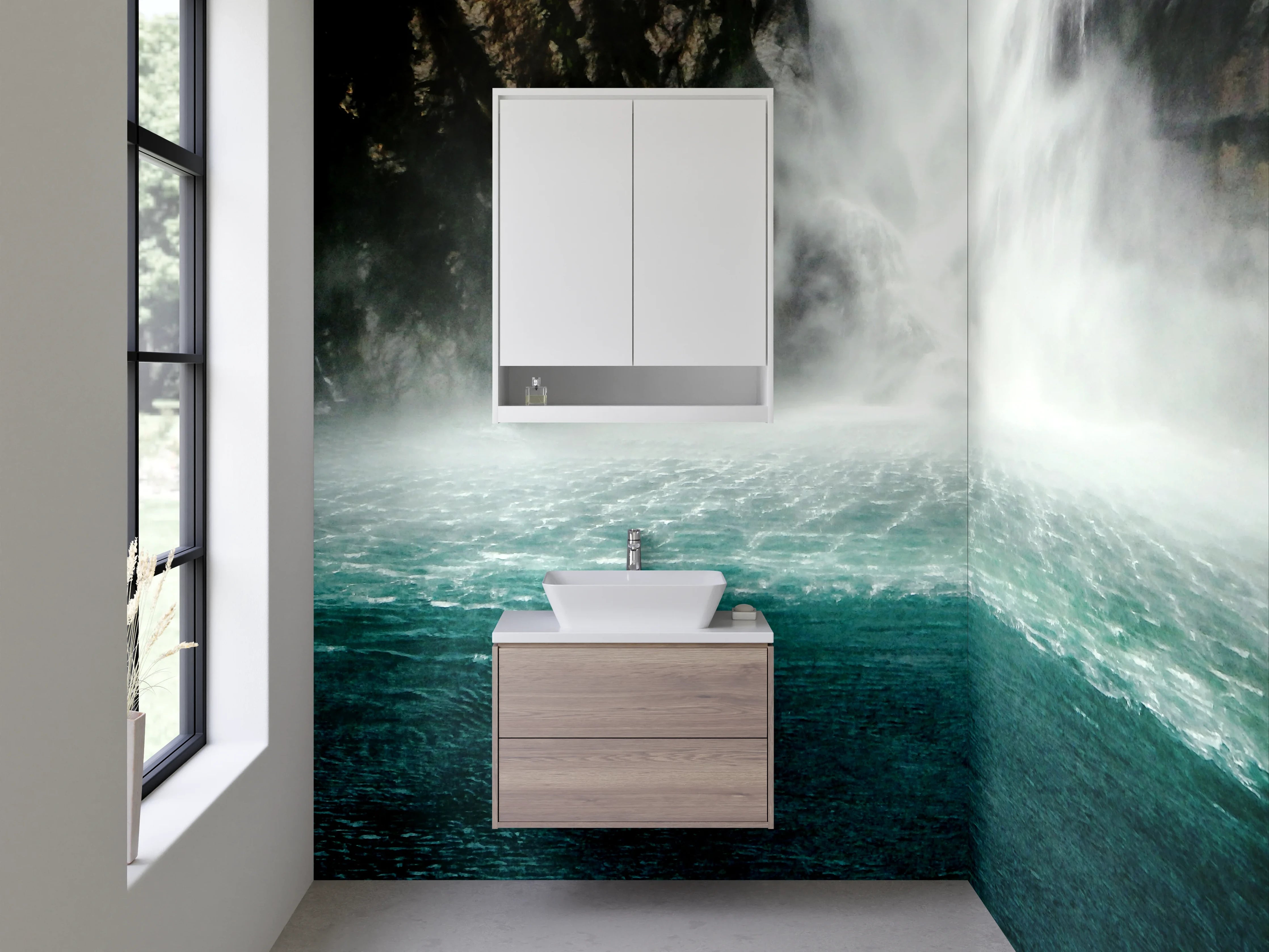 Waschbecken-Rückwand - Mystischer Wasserfall am See