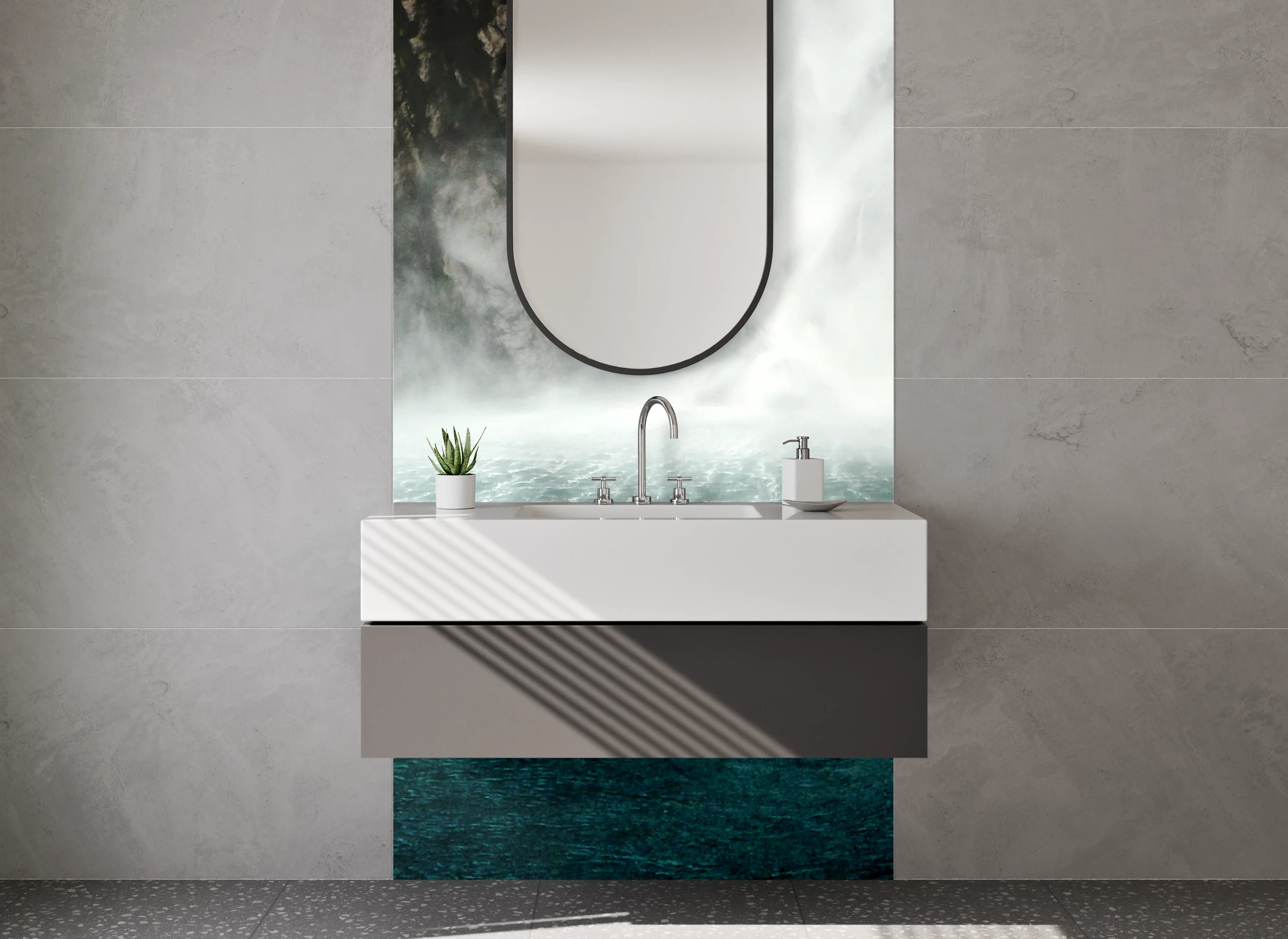 Waschbecken-Rückwand - Mystischer Wasserfall am See