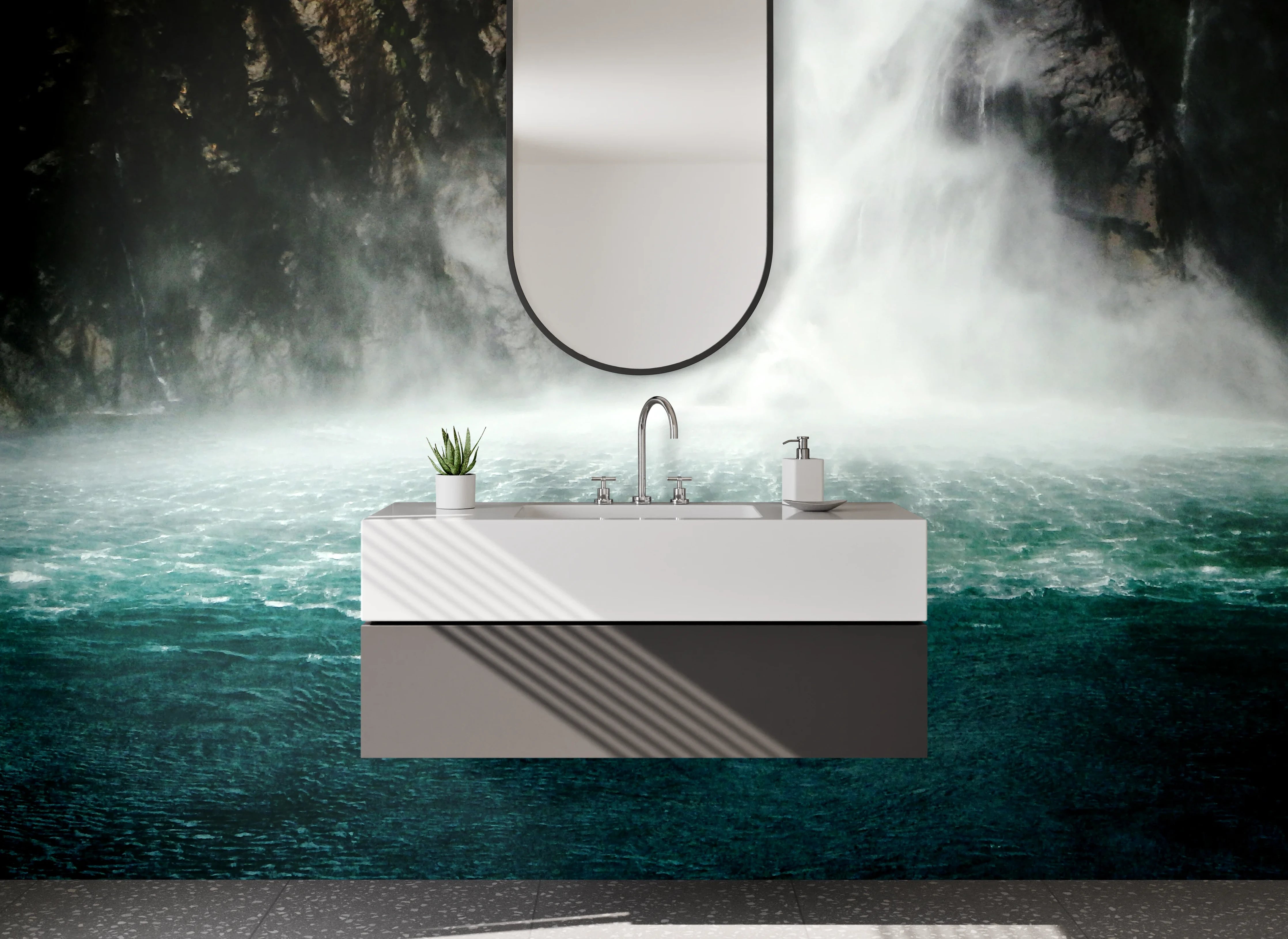 Waschbecken-Rückwand - Mystischer Wasserfall am See