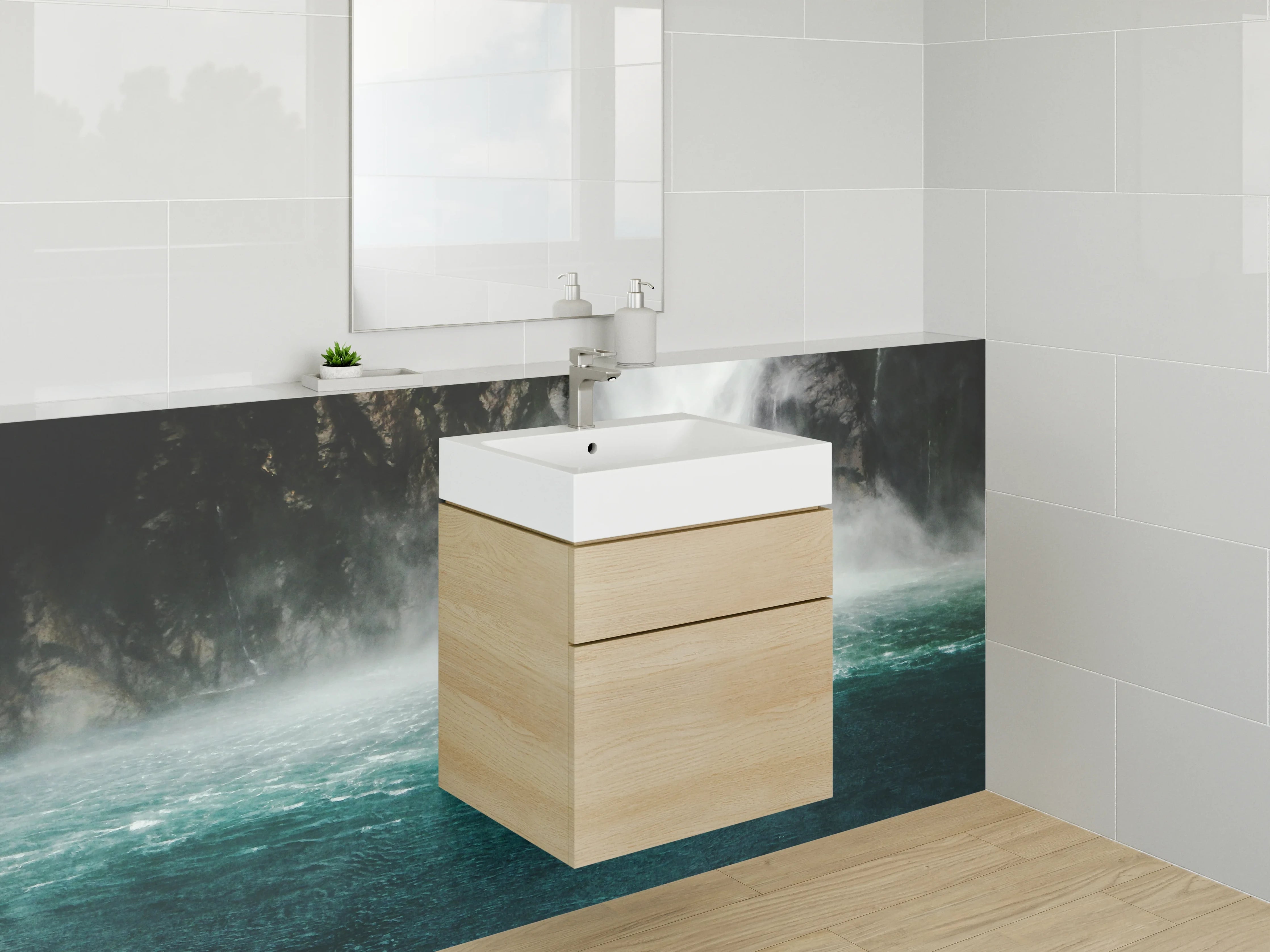 Waschbecken-Rückwand - Mystischer Wasserfall am See