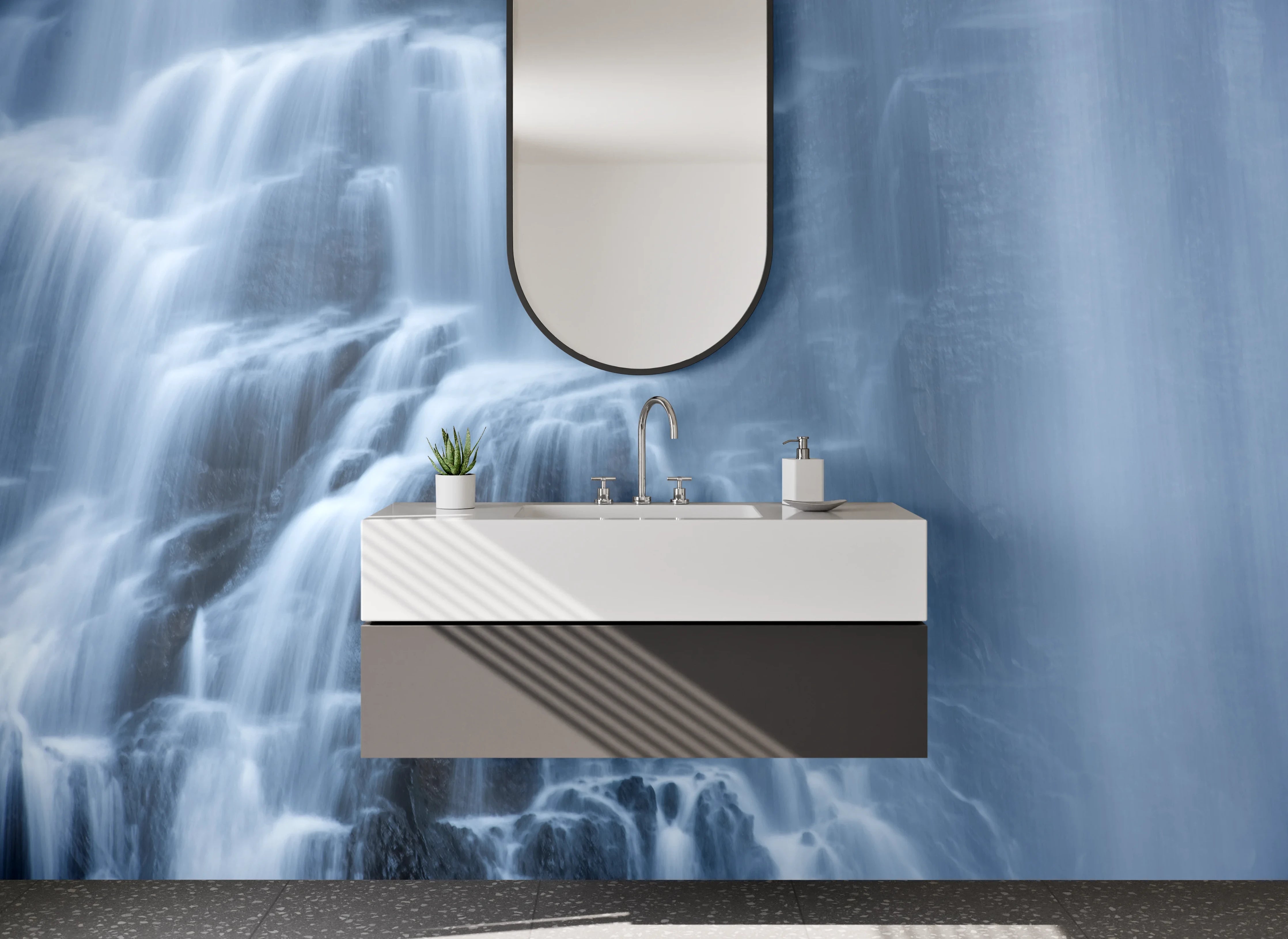 Waschbecken-Rückwand - Mystischer Wasserfall in Blautönen