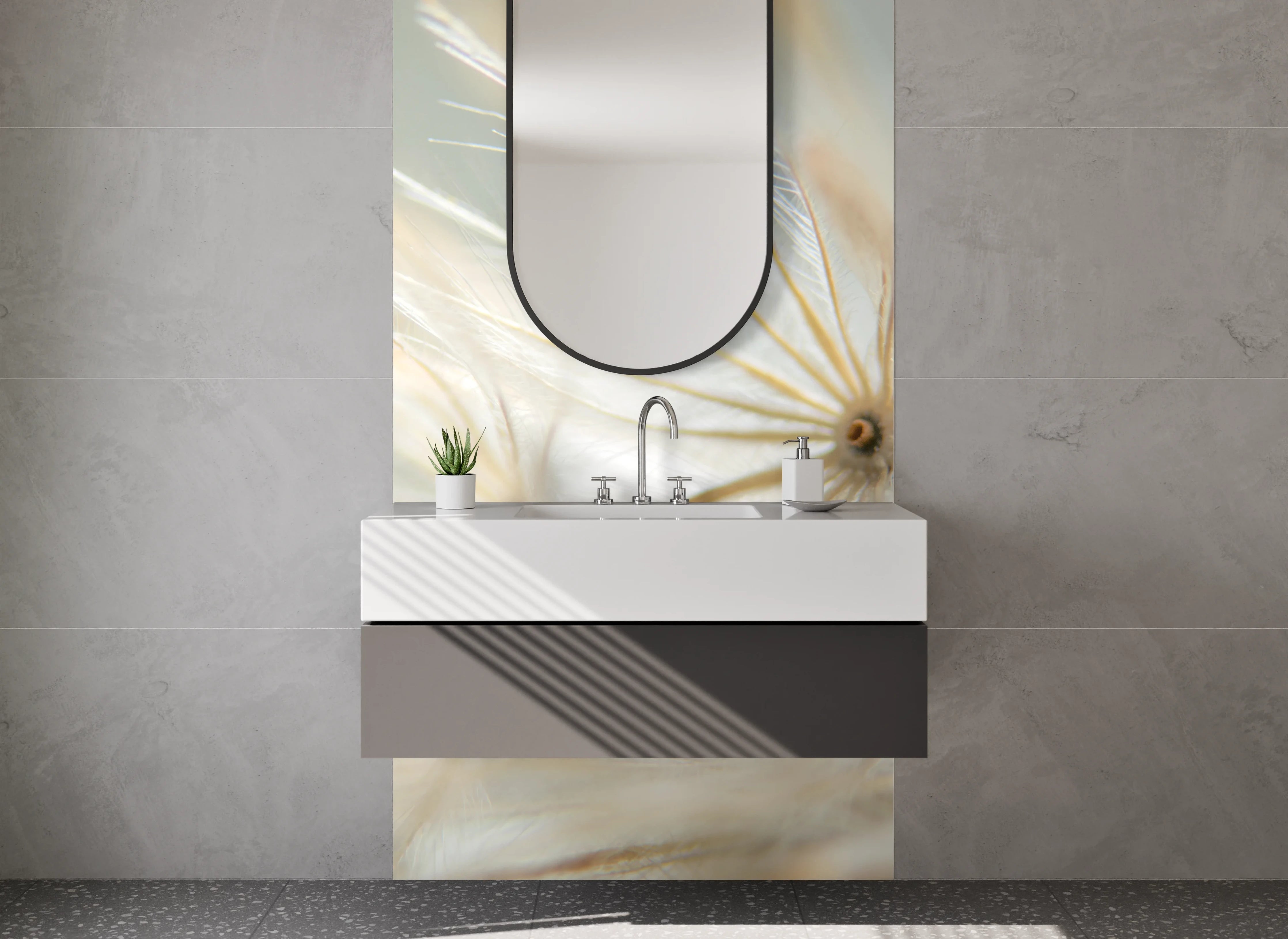 Waschbecken-Rückwand - Nahaufnahme Pusteblume Weiß und Beige