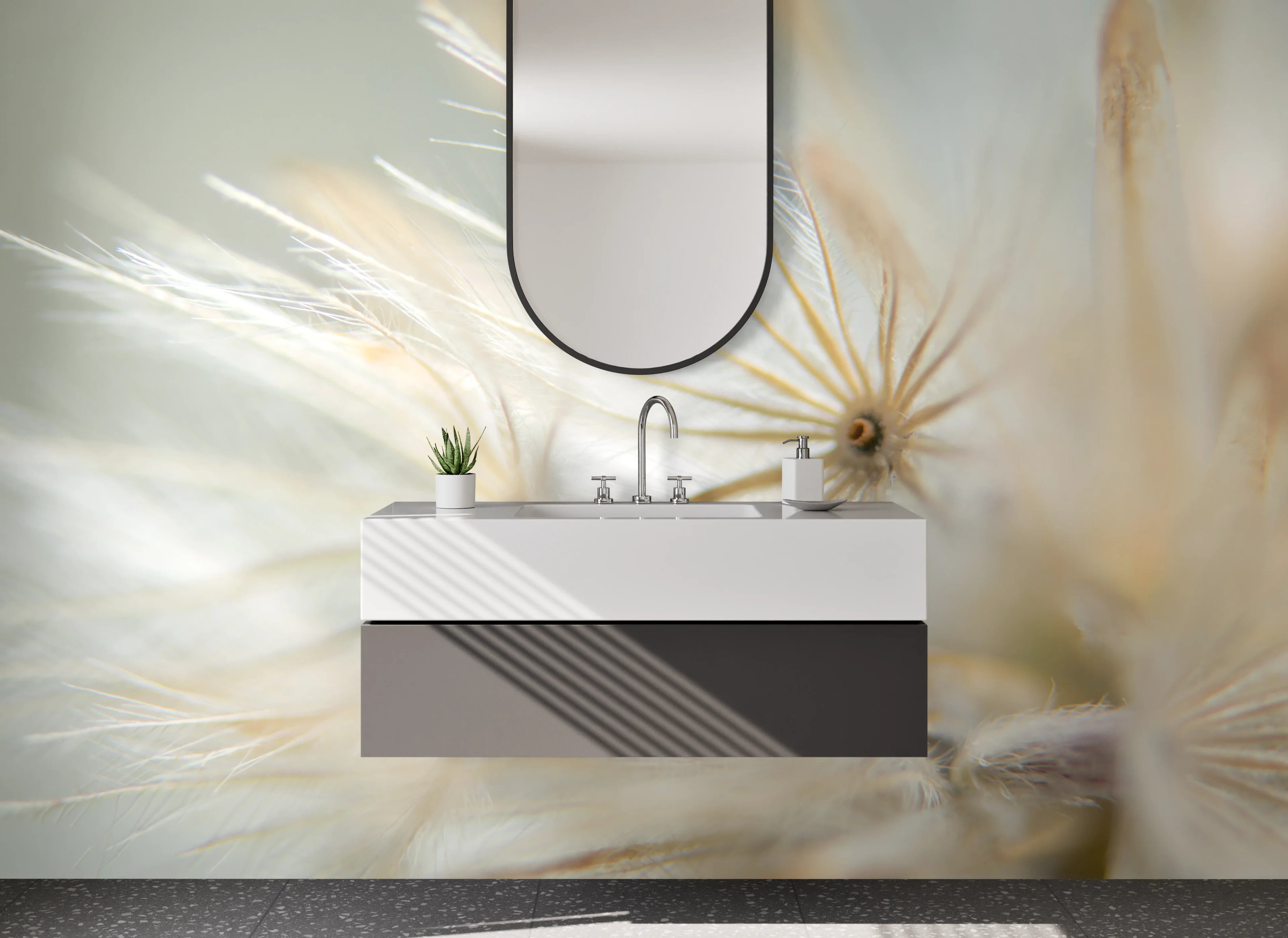 Waschbecken-Rückwand - Nahaufnahme Pusteblume Weiß und Beige