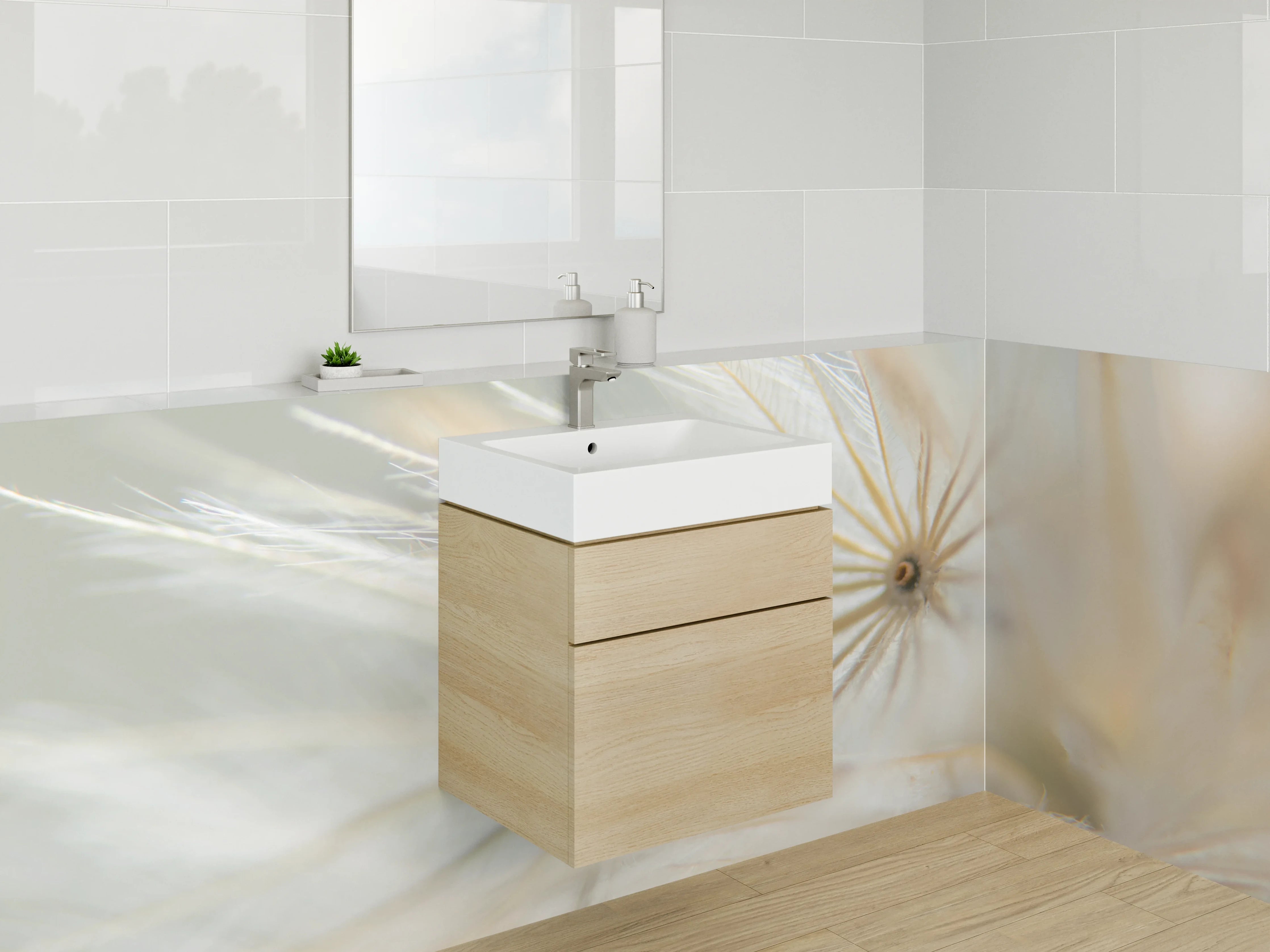 Waschbecken-Rückwand - Nahaufnahme Pusteblume Weiß und Beige