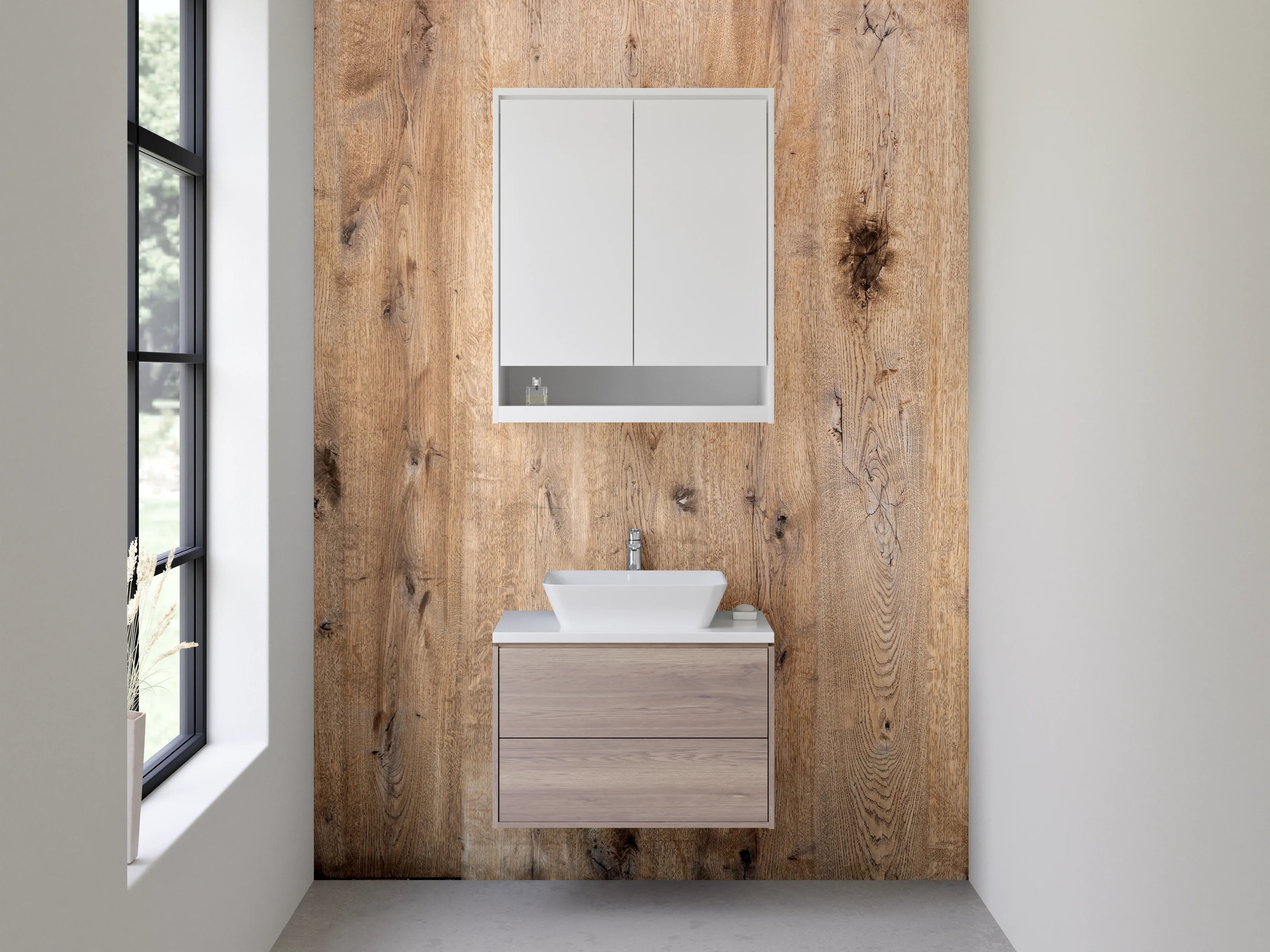 Waschbecken-Rückwand - Natürliche Holzmaserung in warmem Beige-Ton