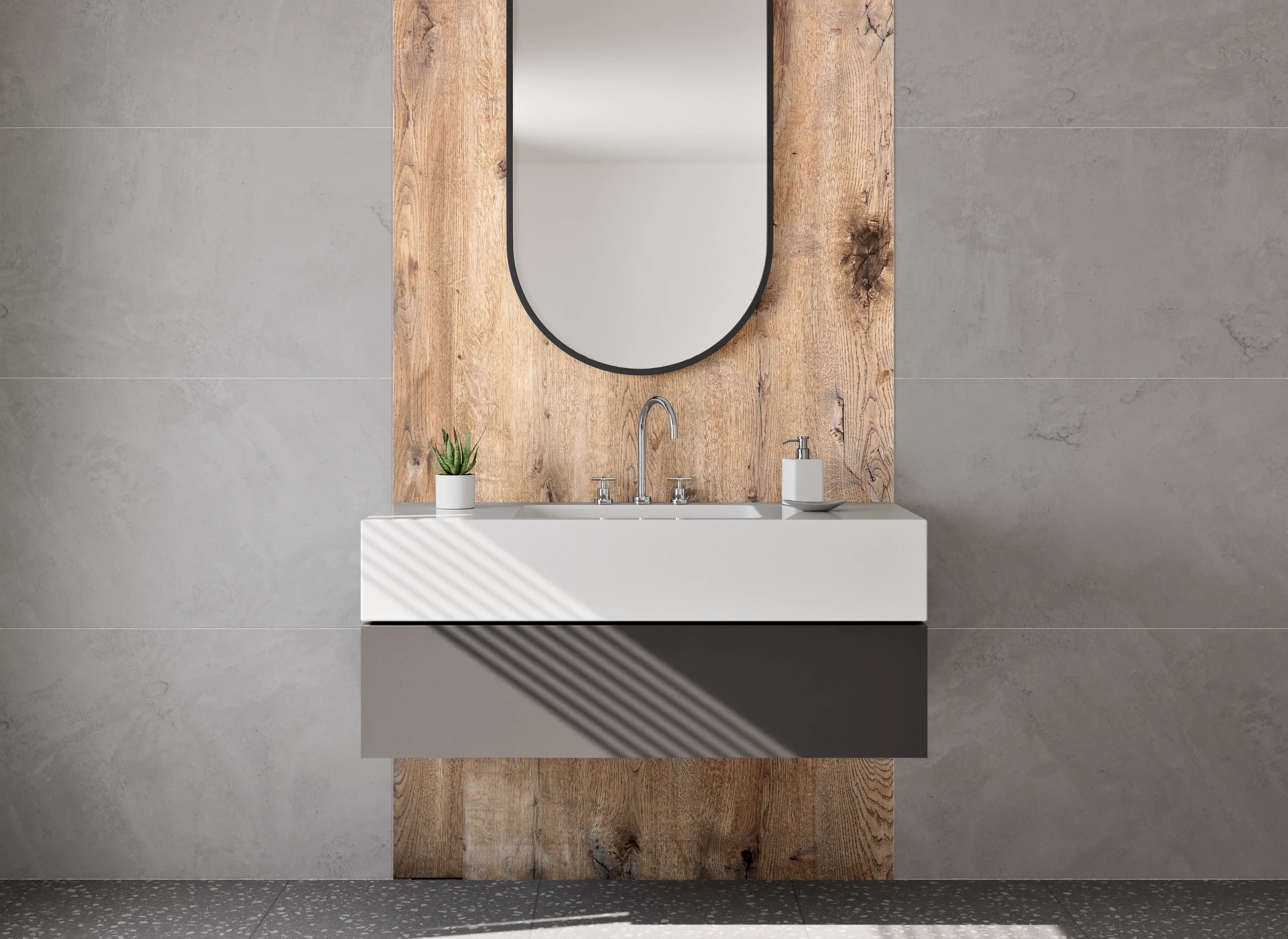 Waschbecken-Rückwand - Natürliche Holzmaserung in warmem Beige-Ton