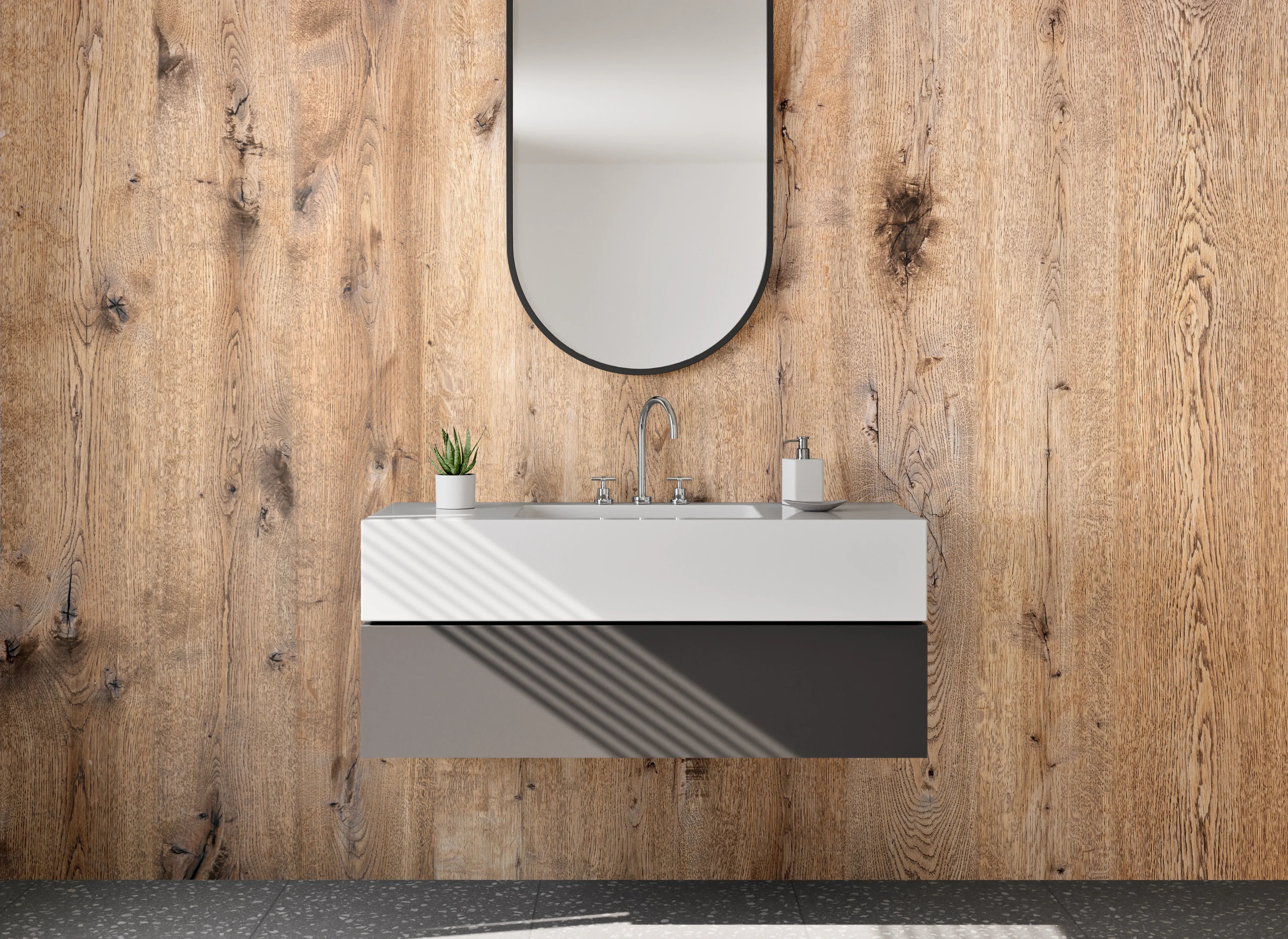 Waschbecken-Rückwand - Natürliche Holzmaserung in warmem Beige-Ton