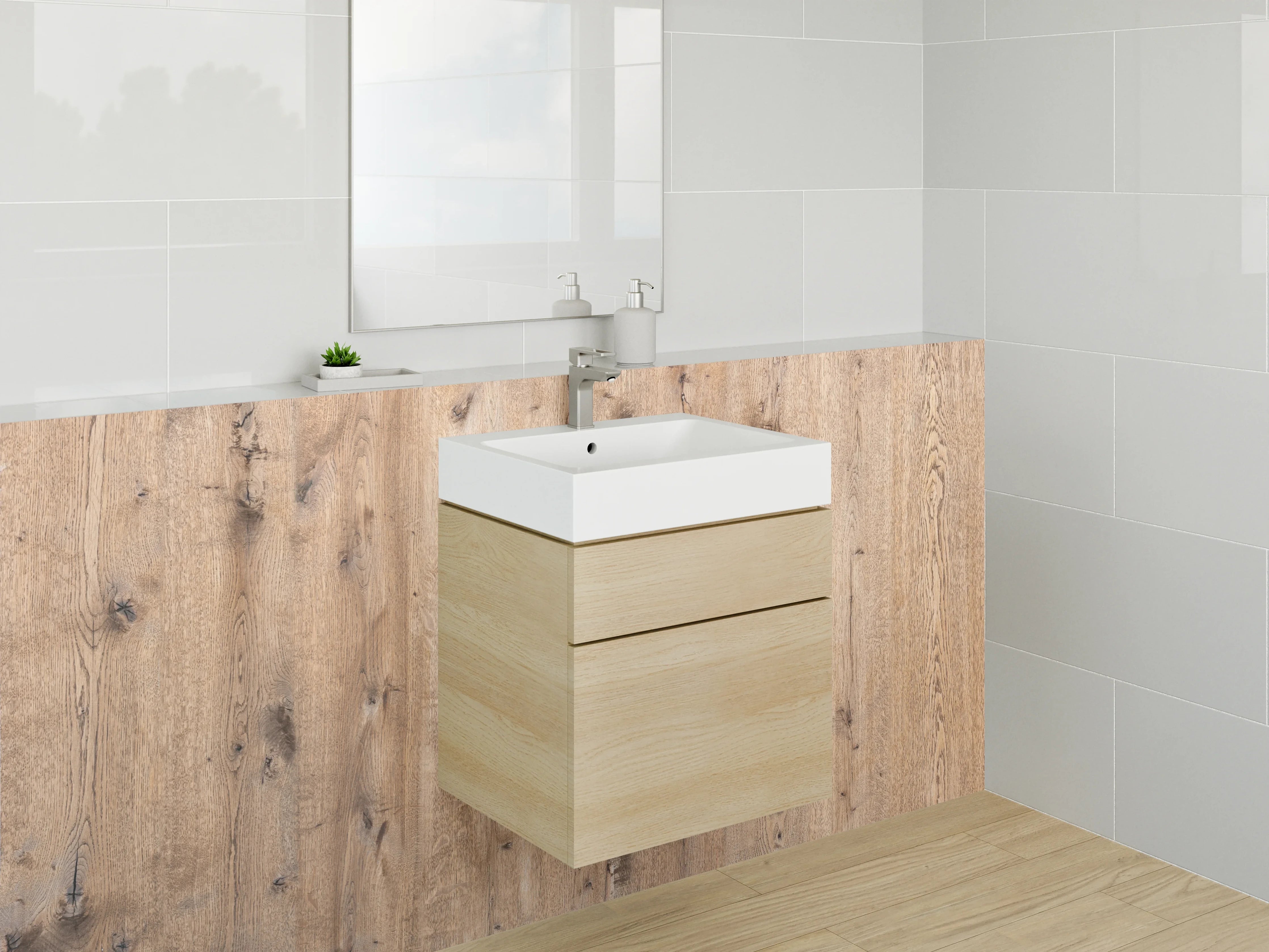 Waschbecken-Rückwand - Natürliche Holzmaserung in warmem Beige-Ton