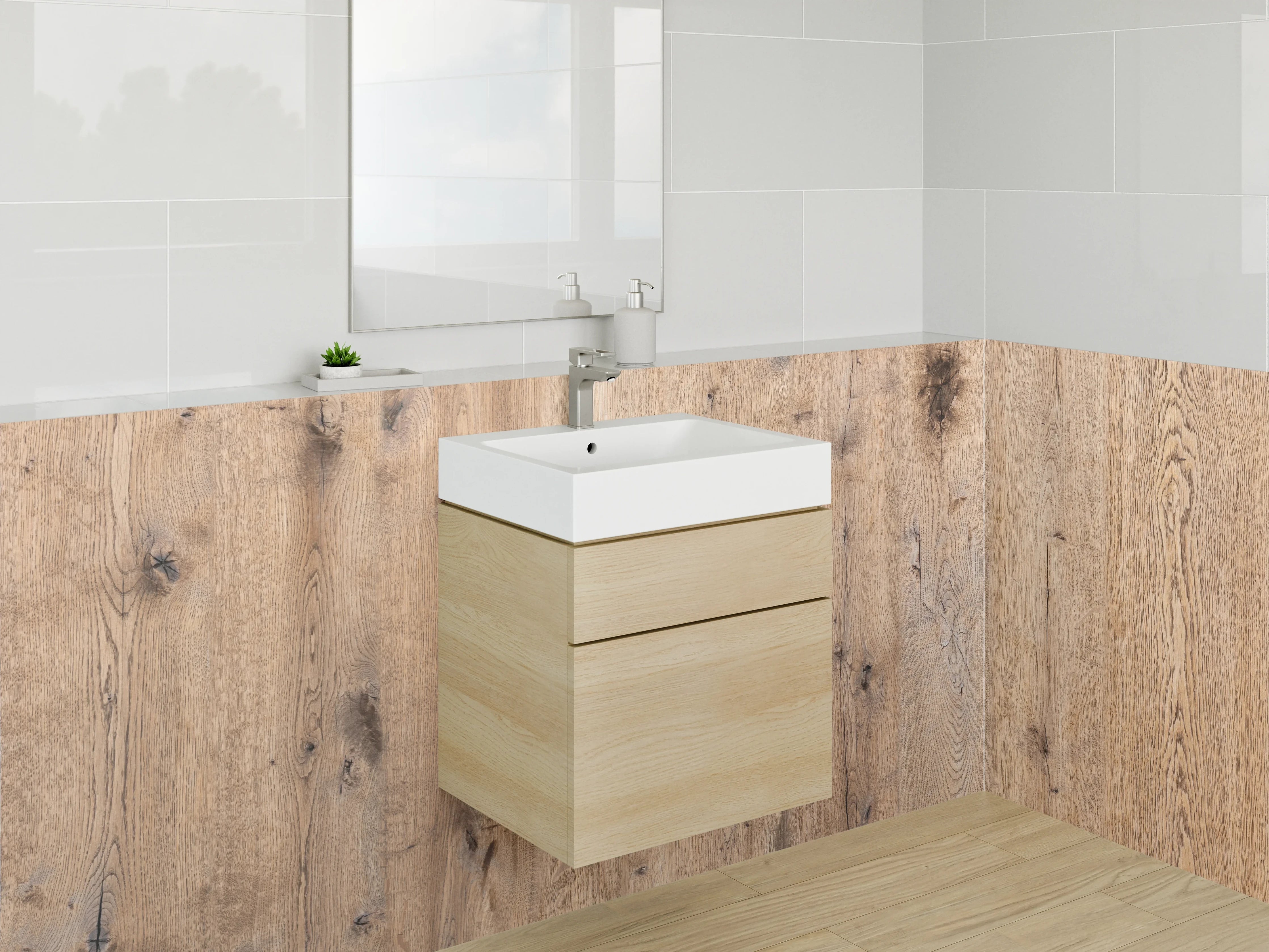 Waschbecken-Rückwand - Natürliche Holzmaserung in warmem Beige-Ton