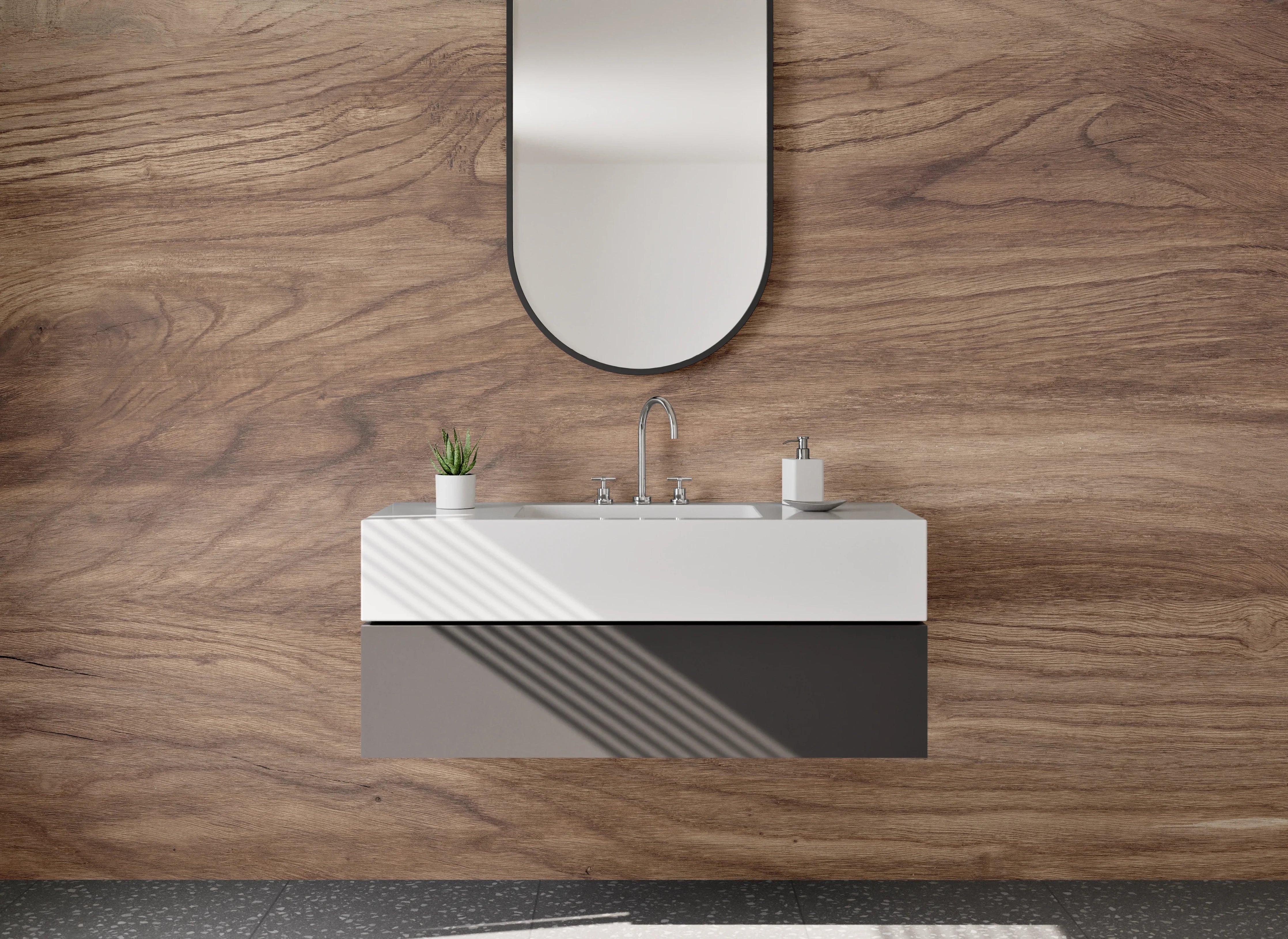 Waschbecken-Rückwand - Natürliche Holzmaserung in warmen Braun- und Beigetönen