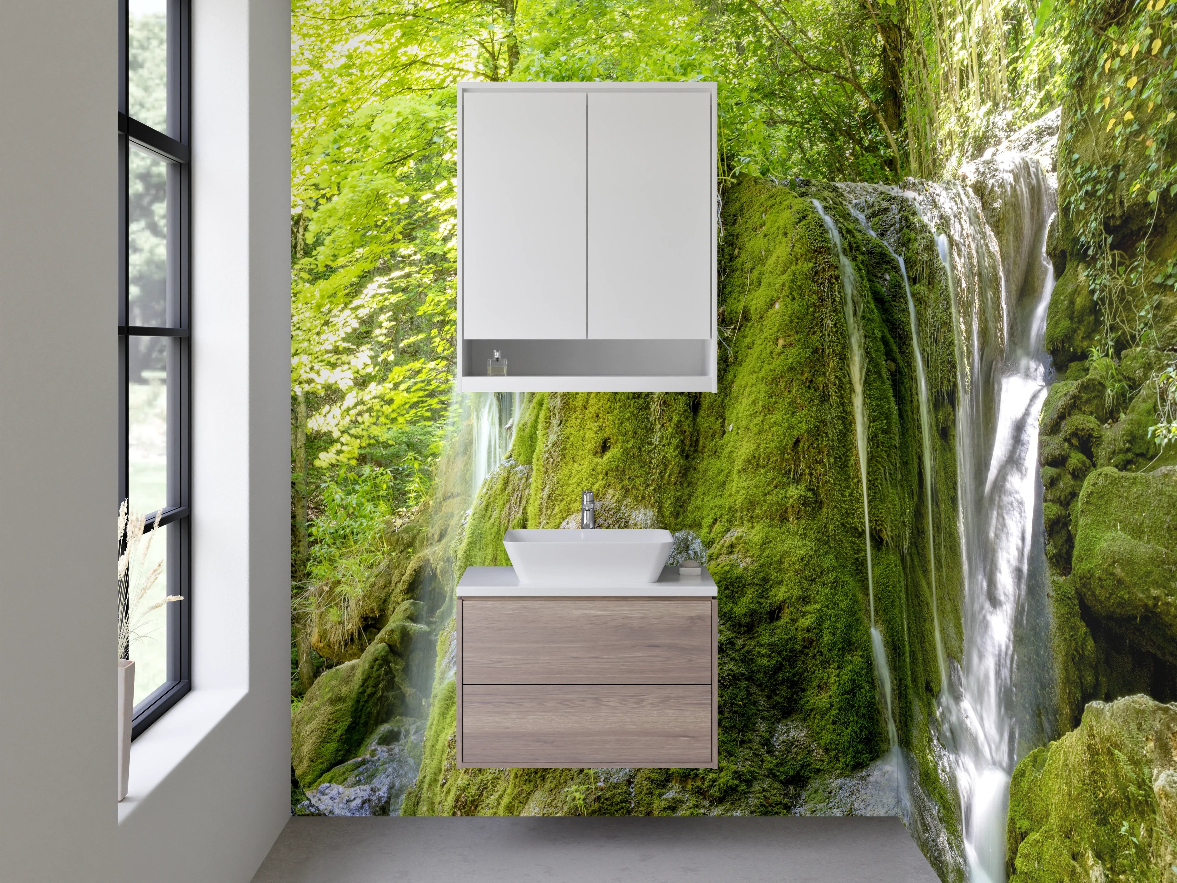 Waschbecken-Rückwand - Natur Wasserfall Grün Moos