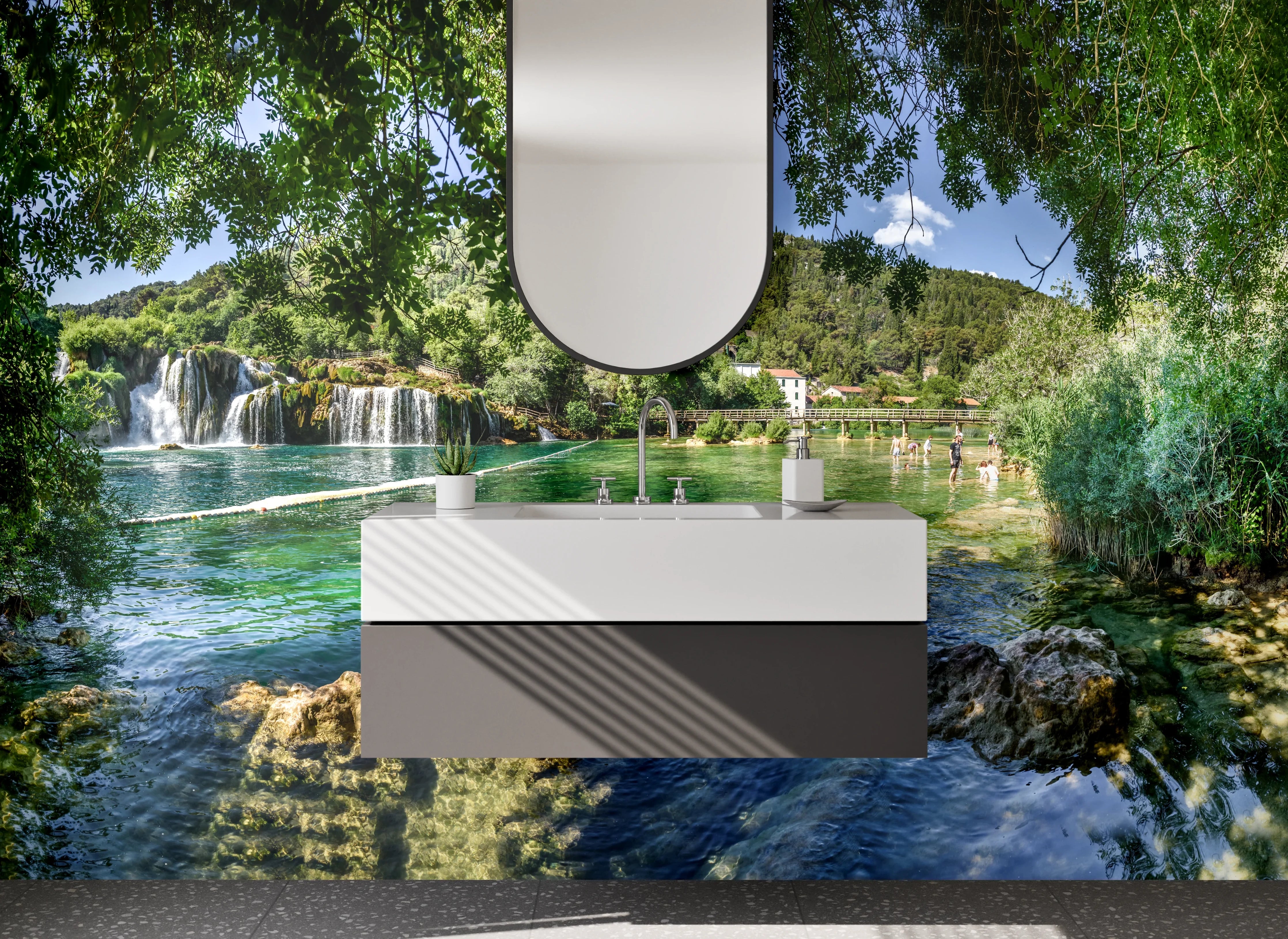 Waschbecken-Rückwand - Natur Wasserfall Panorama Landschaft