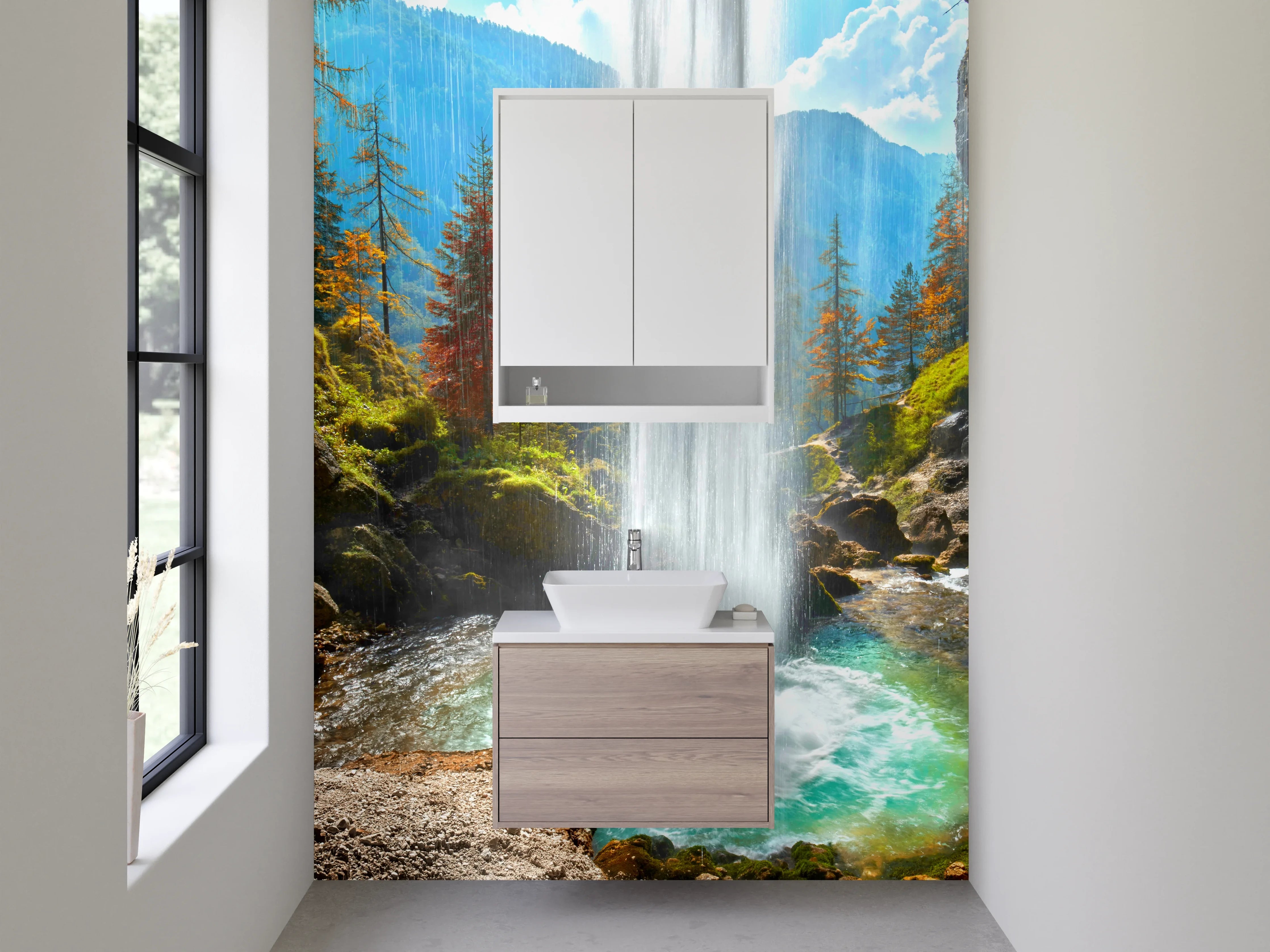 Waschbecken-Rückwand - Natur Wasserfall Panorama im Herbst