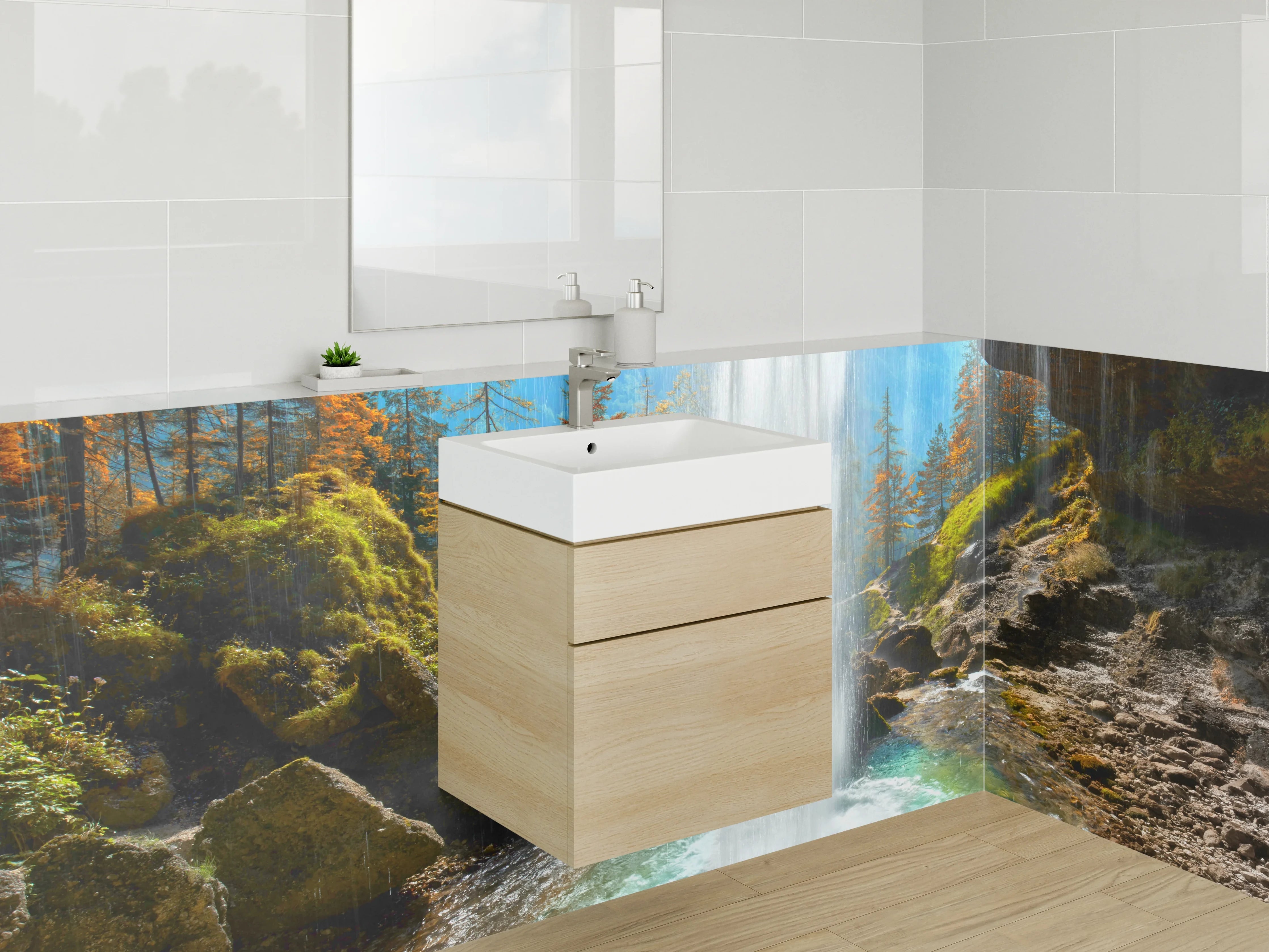 Waschbecken-Rückwand - Natur Wasserfall Panorama im Herbst