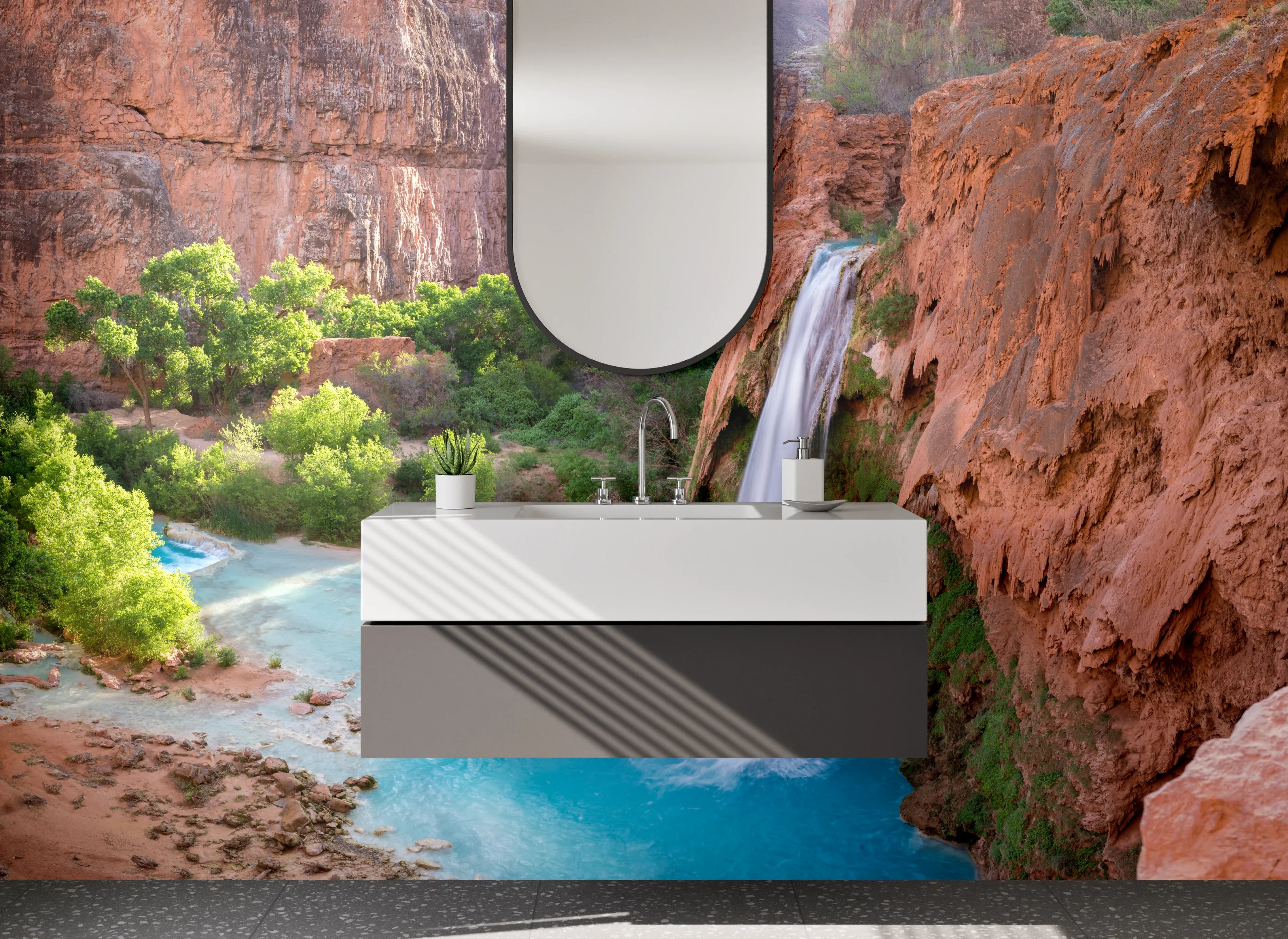 Waschbecken-Rückwand - Natur Wasserfall Türkisblau Landschaft