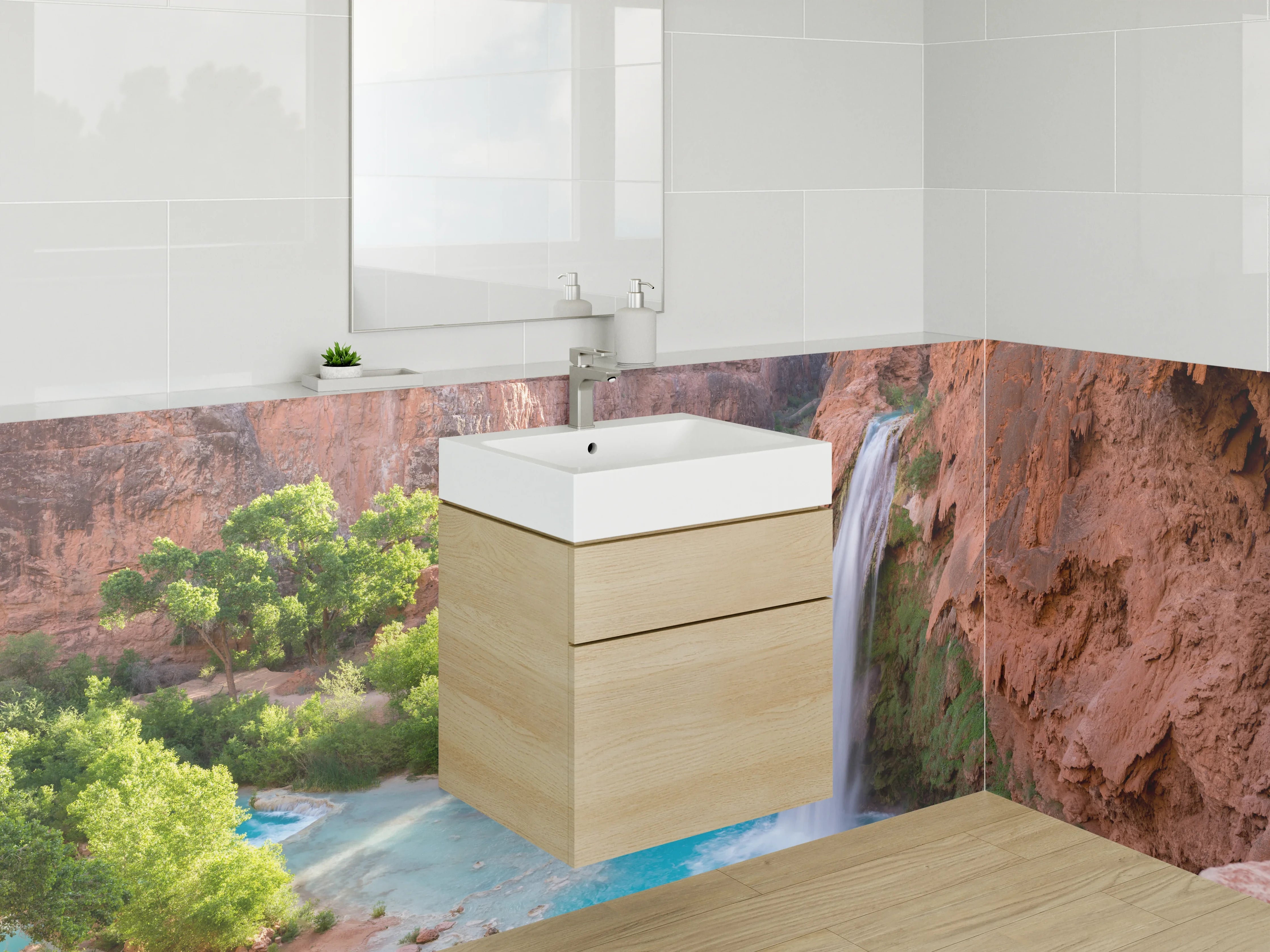 Waschbecken-Rückwand - Natur Wasserfall Türkisblau Landschaft