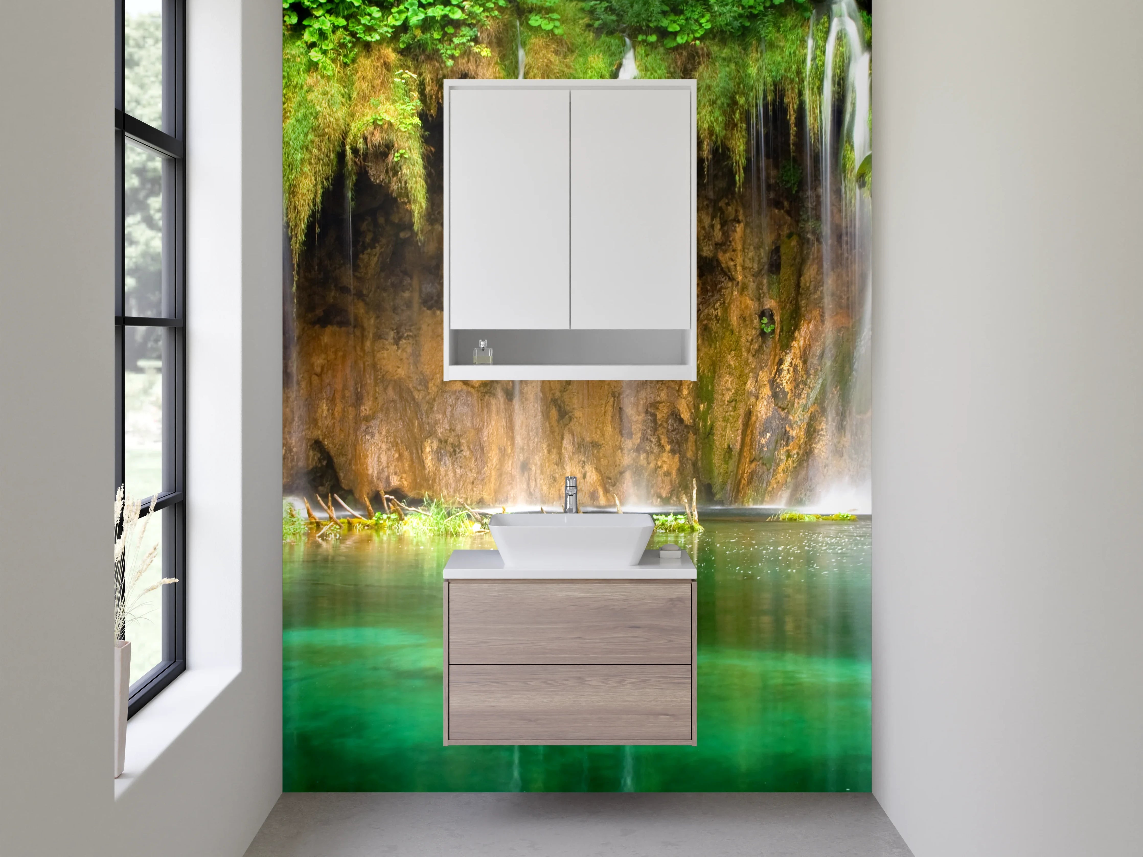 Waschbecken-Rückwand - Natur Wasserfall Wandbild Grün Blau