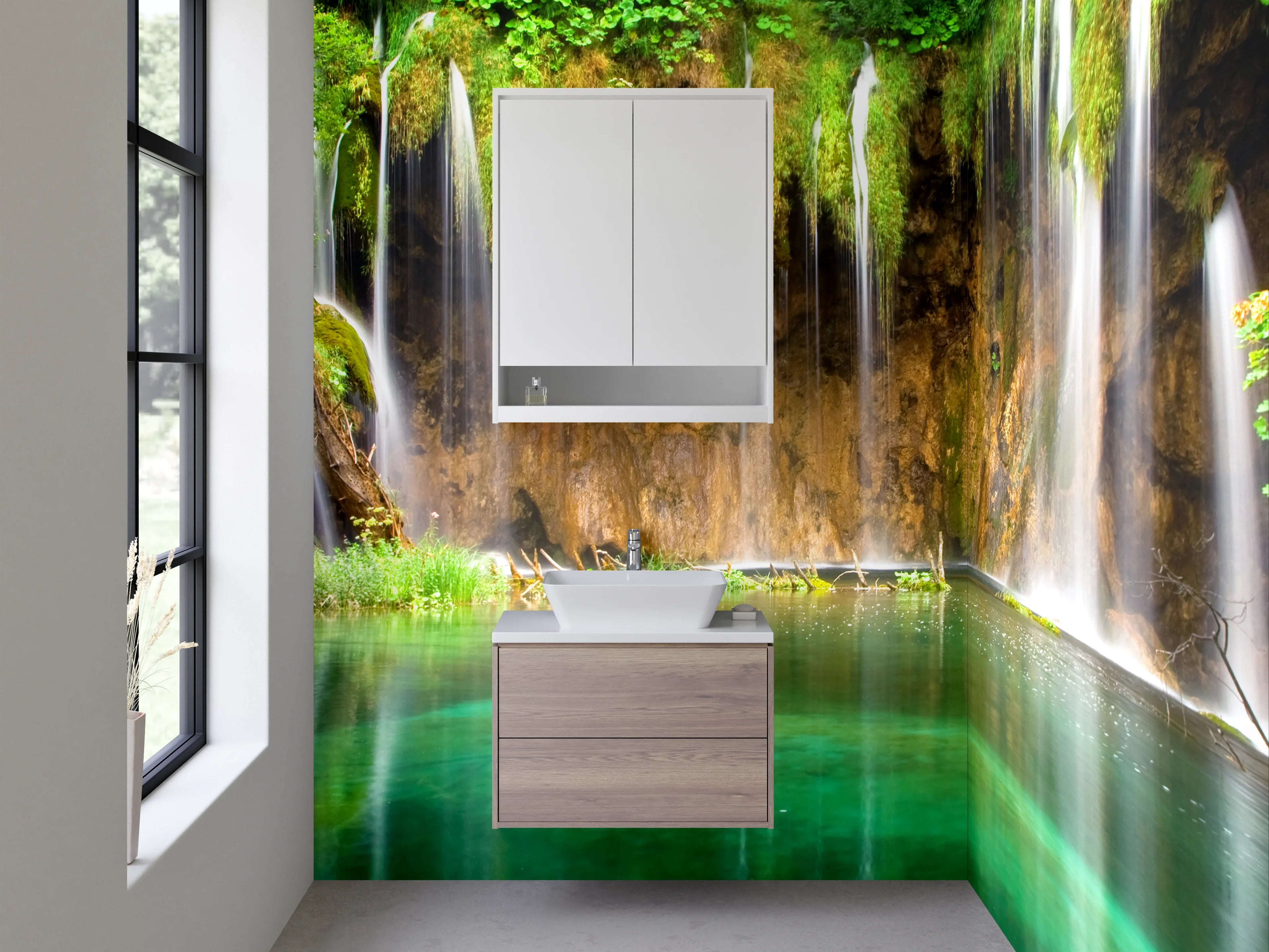 Waschbecken-Rückwand - Natur Wasserfall Wandbild Grün Blau