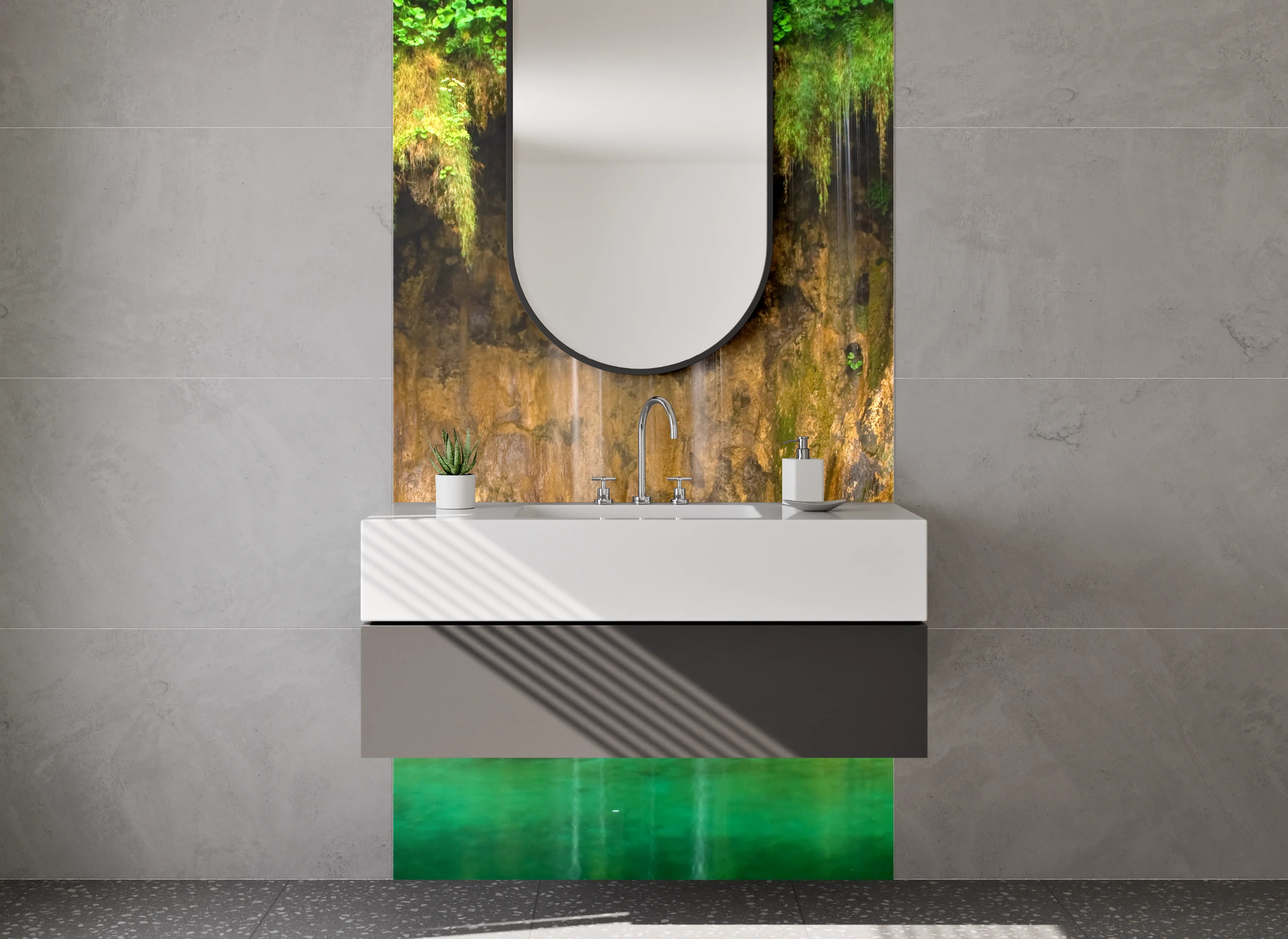 Waschbecken-Rückwand - Natur Wasserfall Wandbild Grün Blau