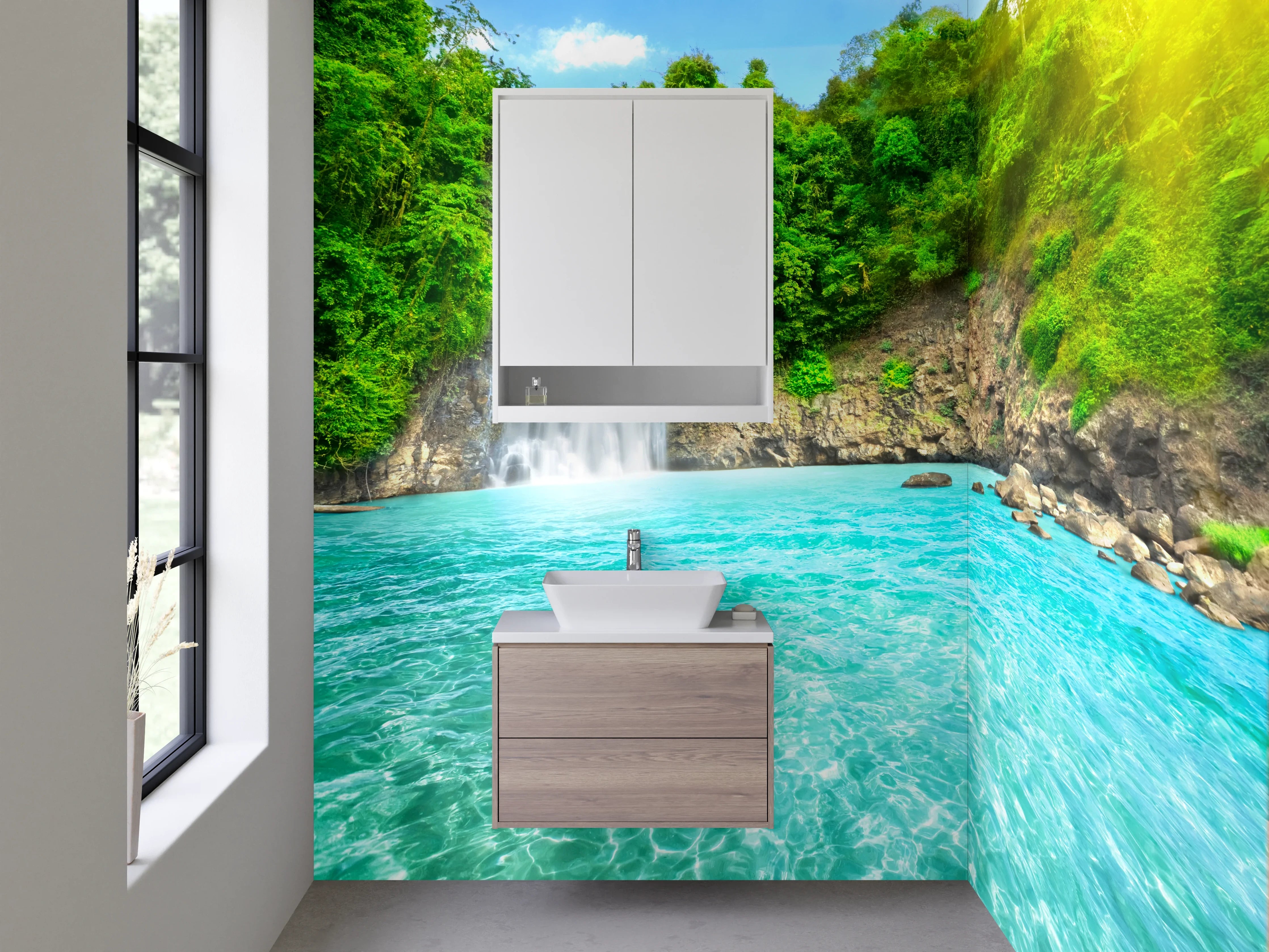 Waschbecken-Rückwand - Natur Wasserfall am türkisfarbenen See