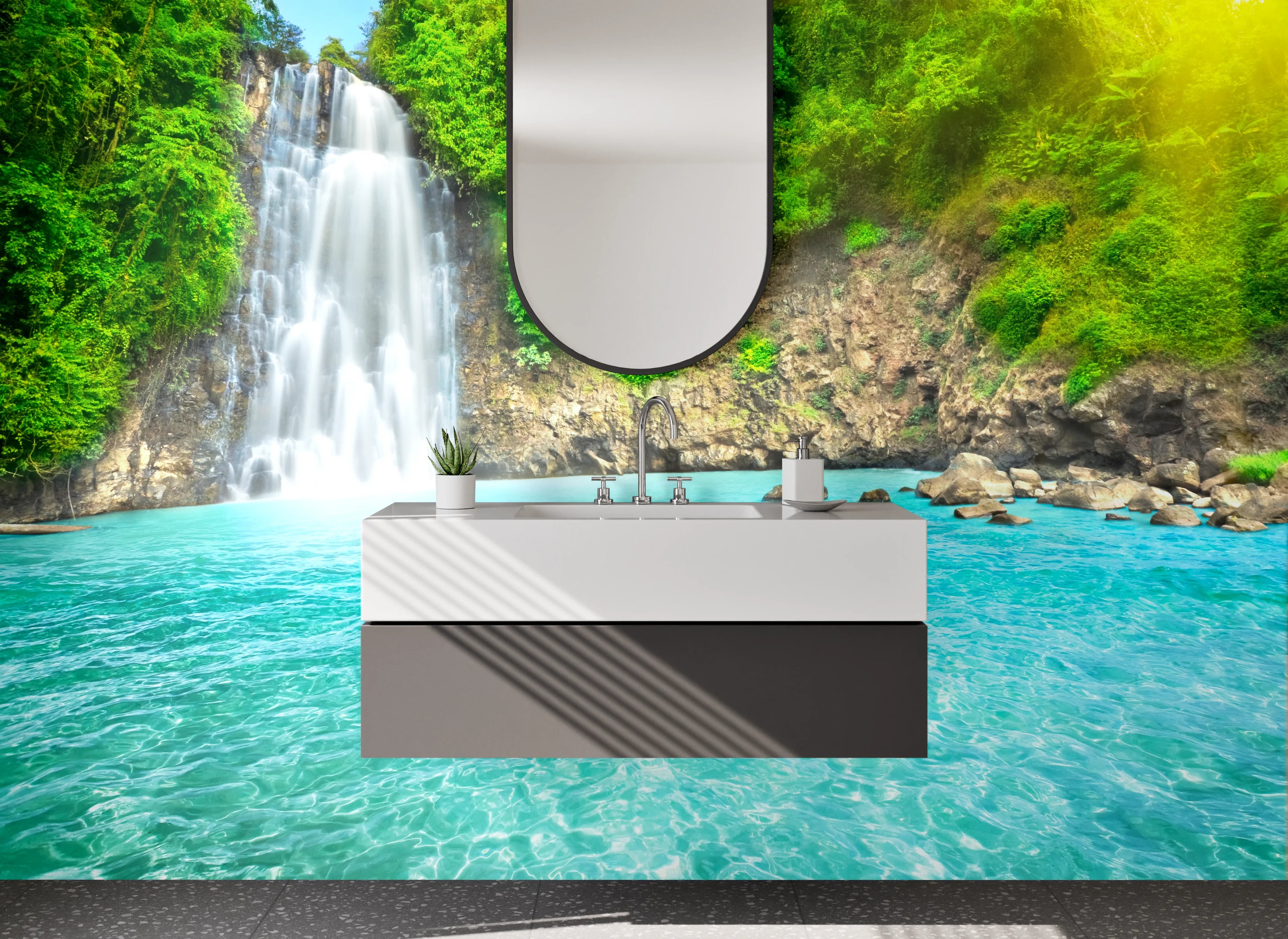 Waschbecken-Rückwand - Natur Wasserfall am türkisfarbenen See