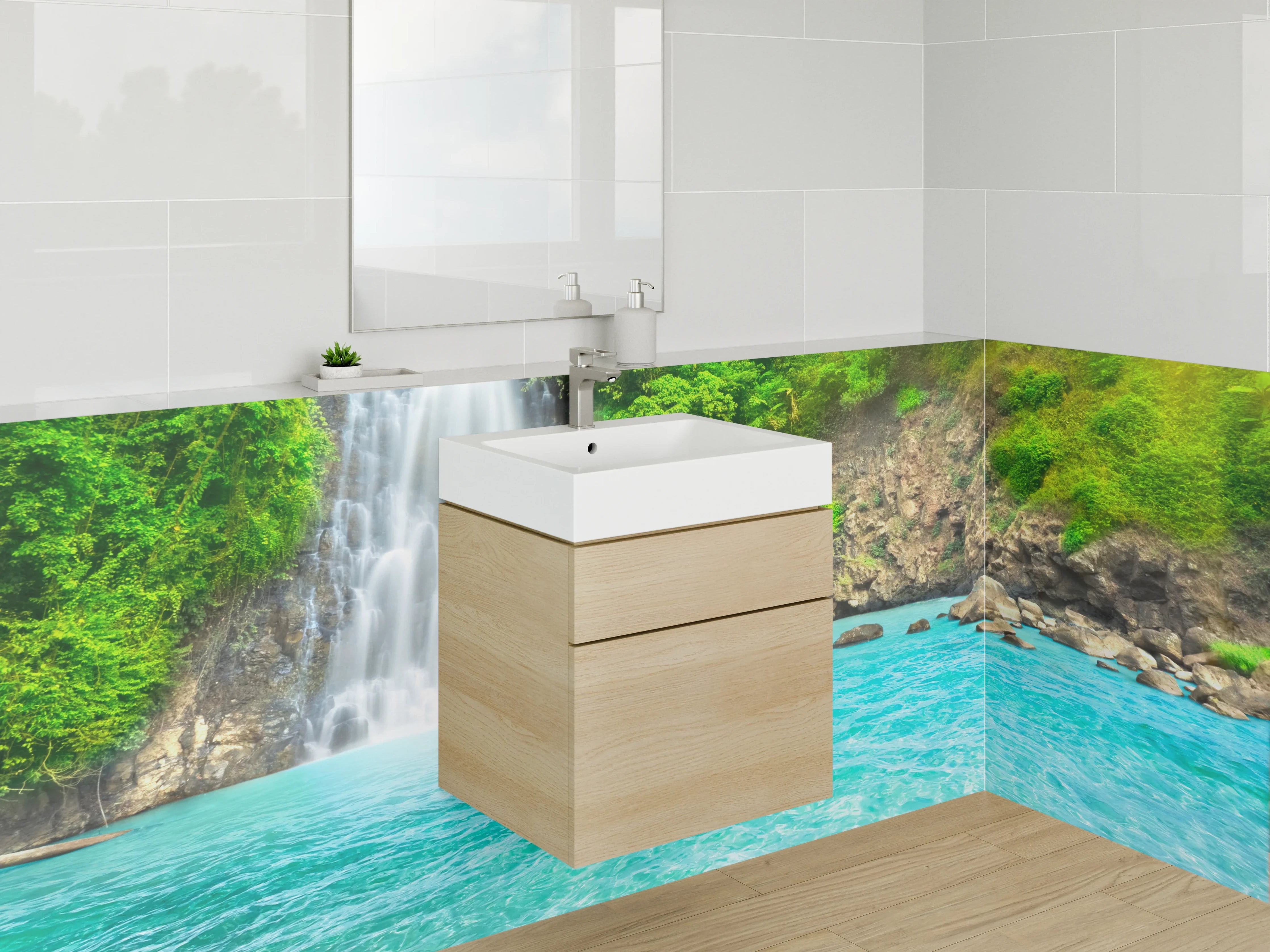 Waschbecken-Rückwand - Natur Wasserfall am türkisfarbenen See