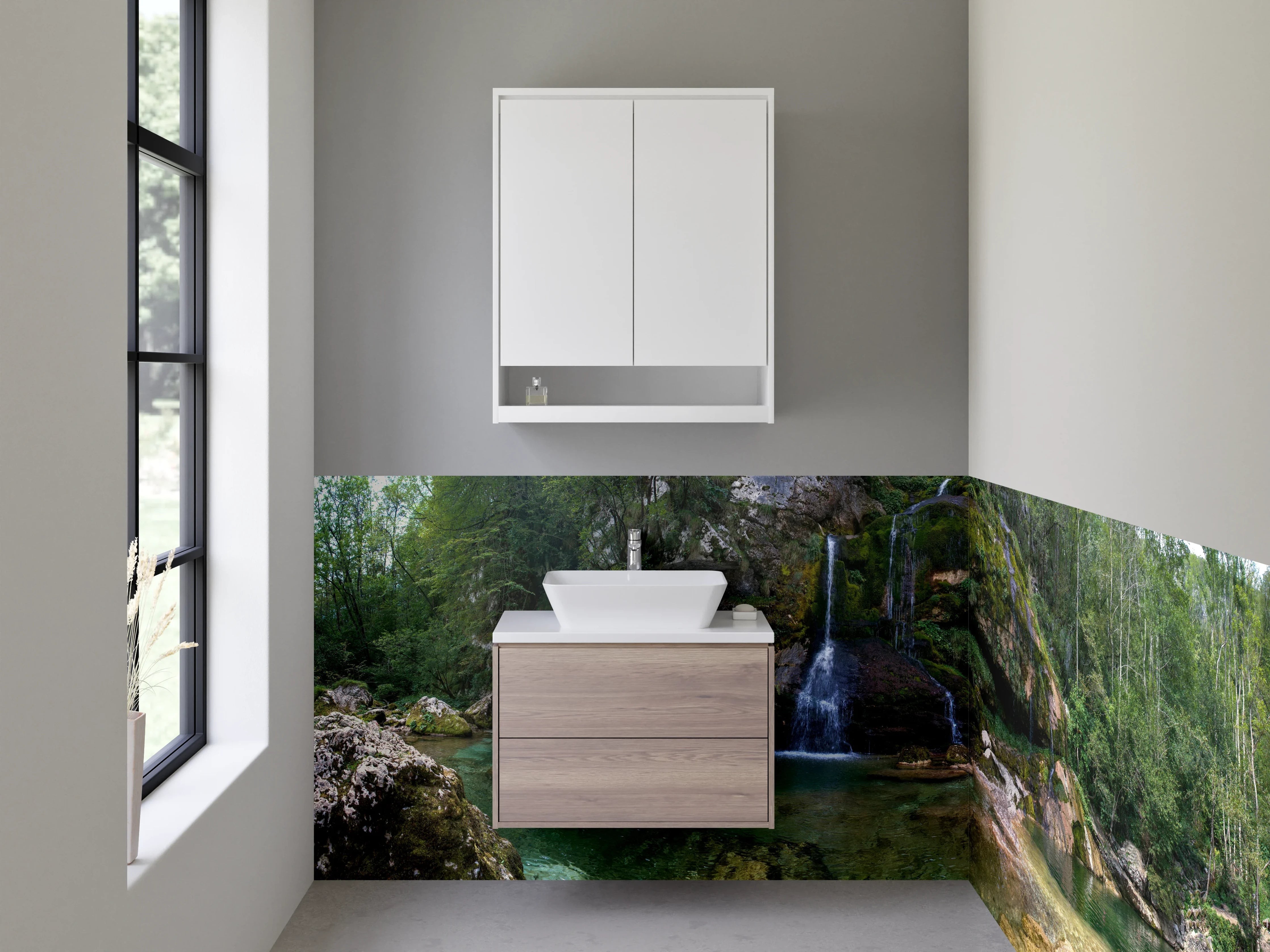 Waschbecken-Rückwand - Natur Wasserfall im Wald Panorama