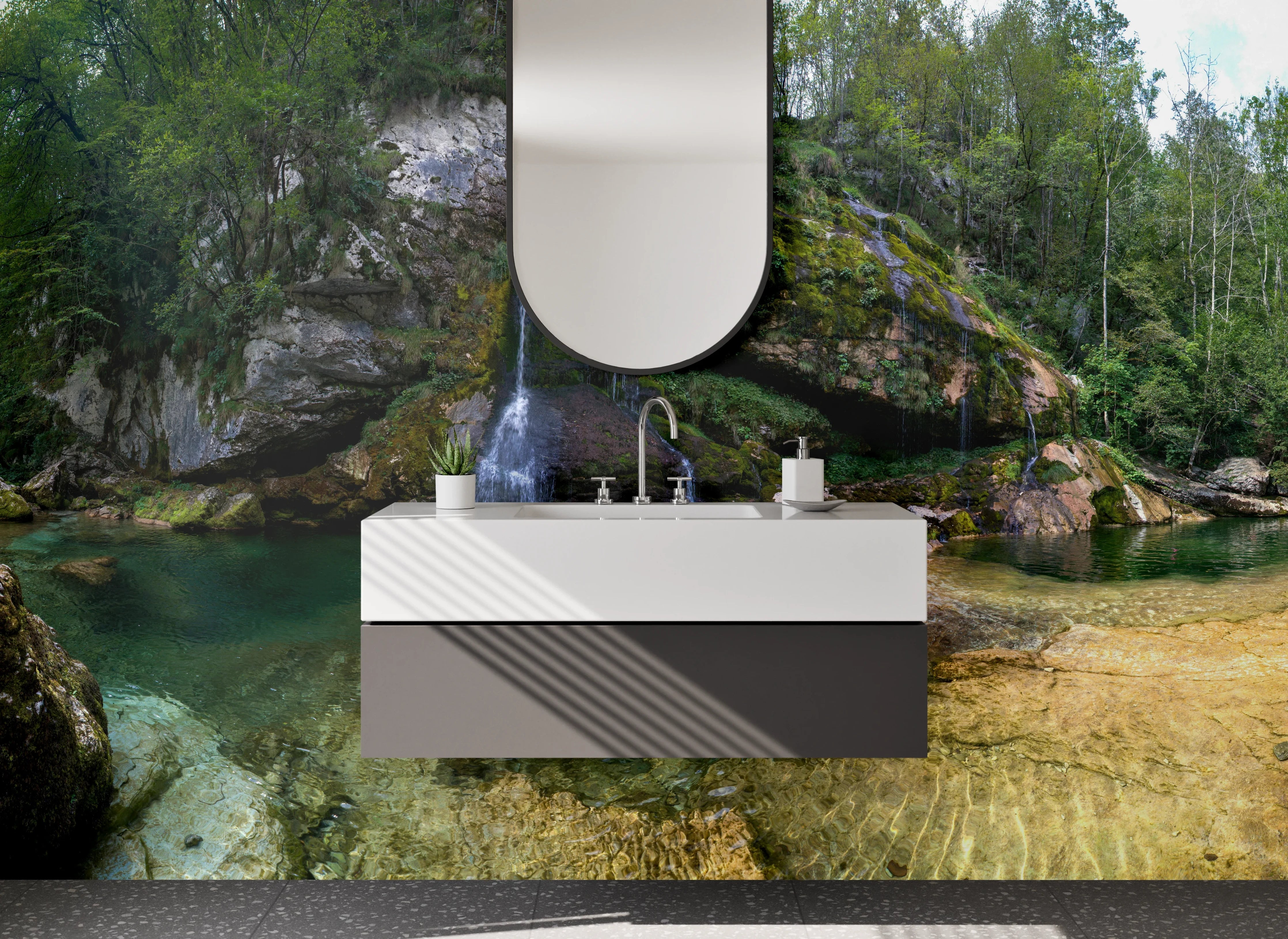 Waschbecken-Rückwand - Natur Wasserfall im Wald Panorama