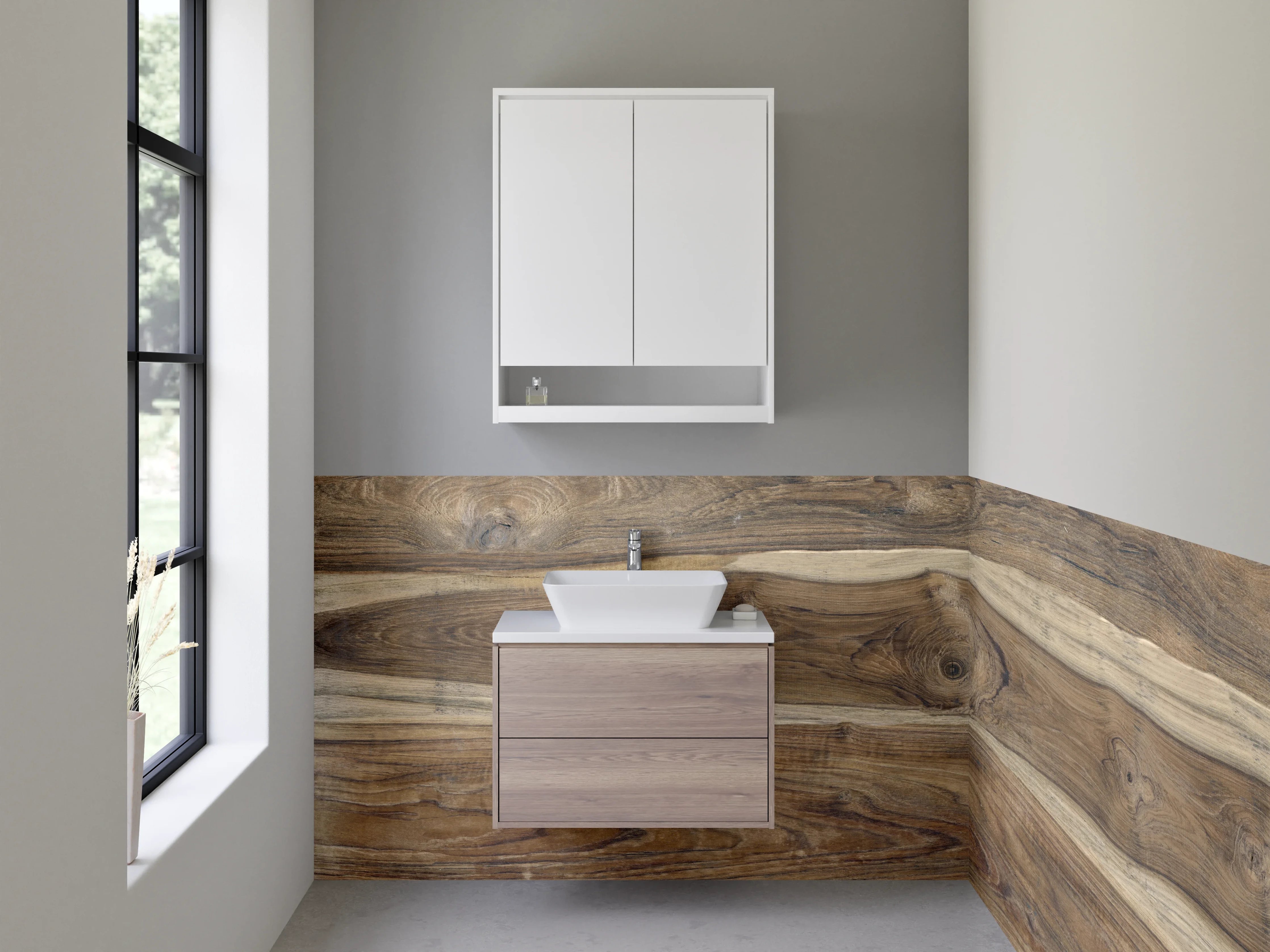 Waschbecken-Rückwand - Naturbelassene Holzmaserung in warmen Brauntönen