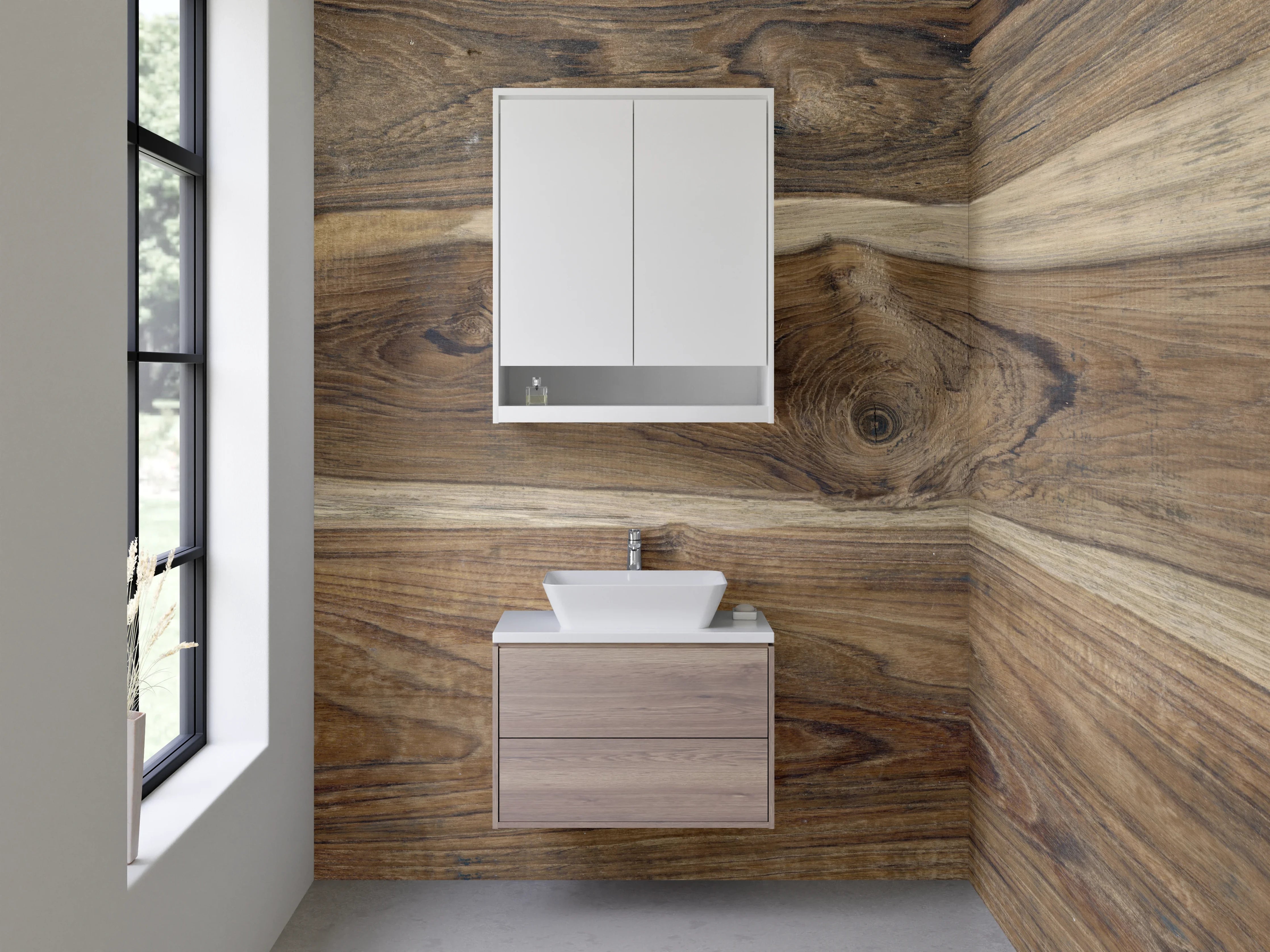 Waschbecken-Rückwand - Naturbelassene Holzmaserung in warmen Brauntönen