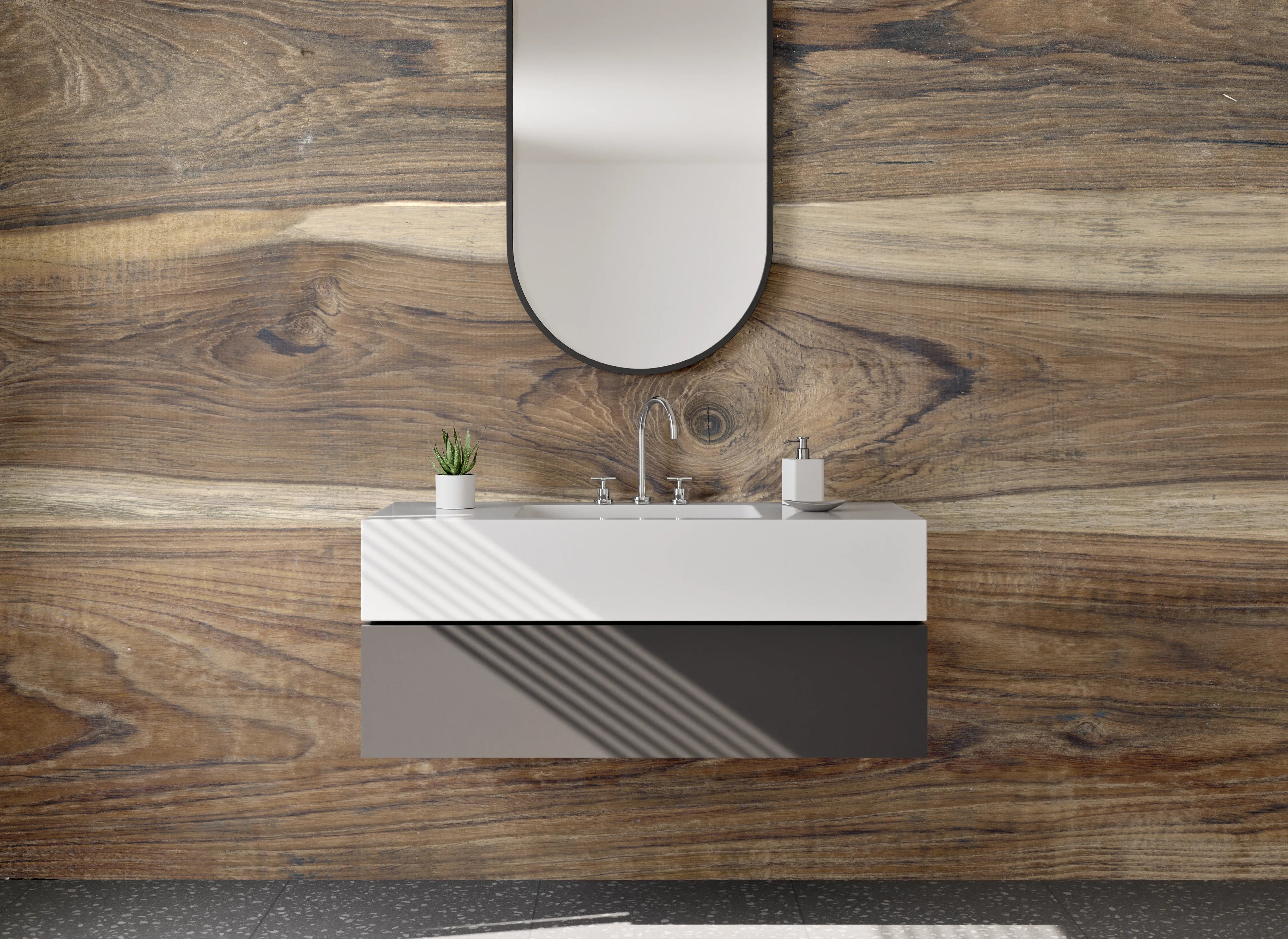 Waschbecken-Rückwand - Naturbelassene Holzmaserung in warmen Brauntönen