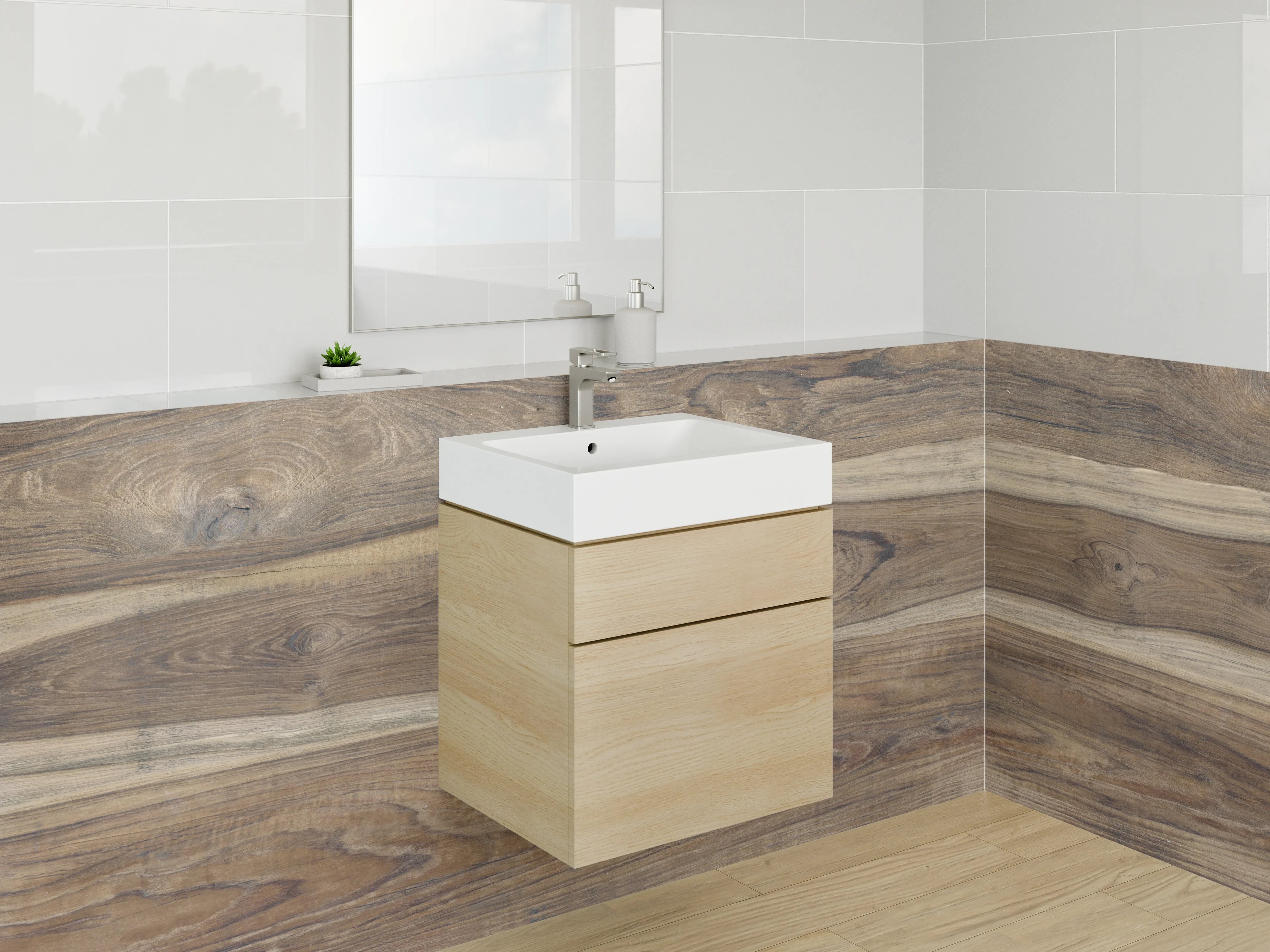 Waschbecken-Rückwand - Naturbelassene Holzmaserung in warmen Brauntönen