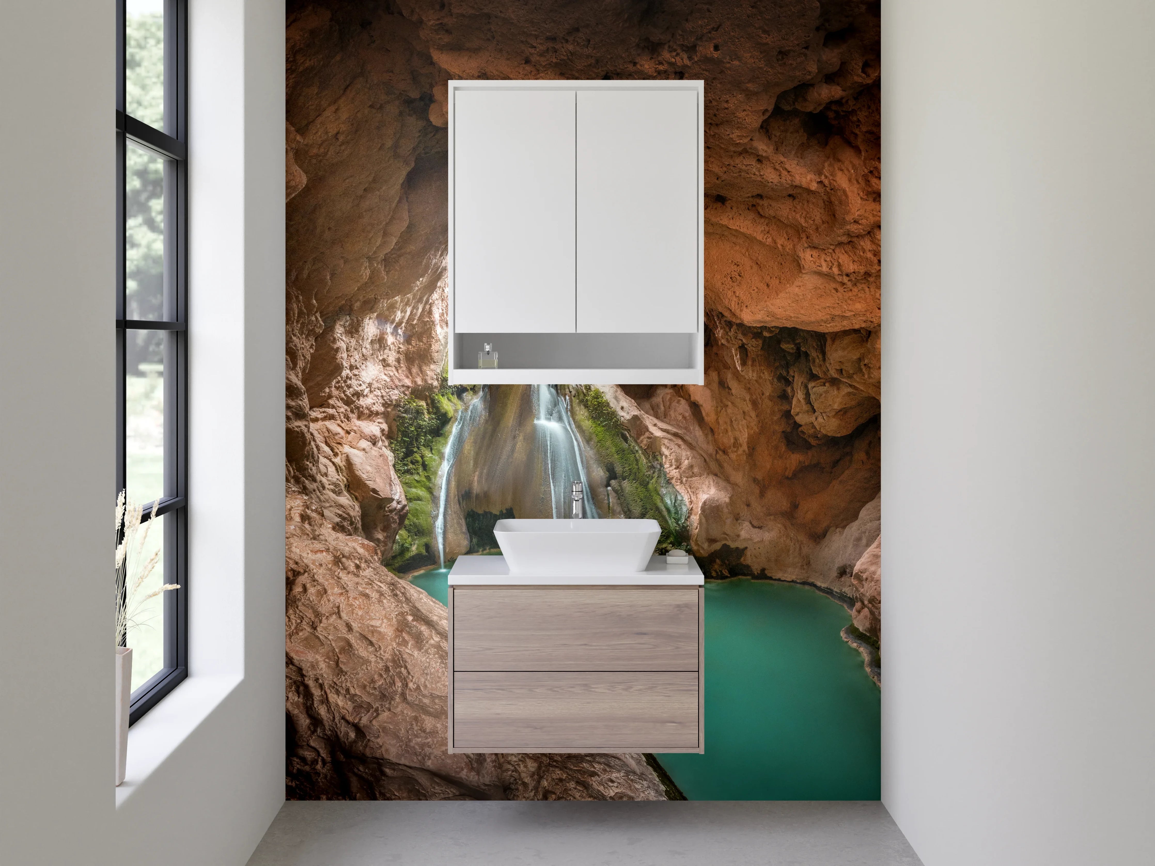 Waschbecken-Rückwand - Naturhöhle mit Wasserfall und türkisfarbenem Wasser