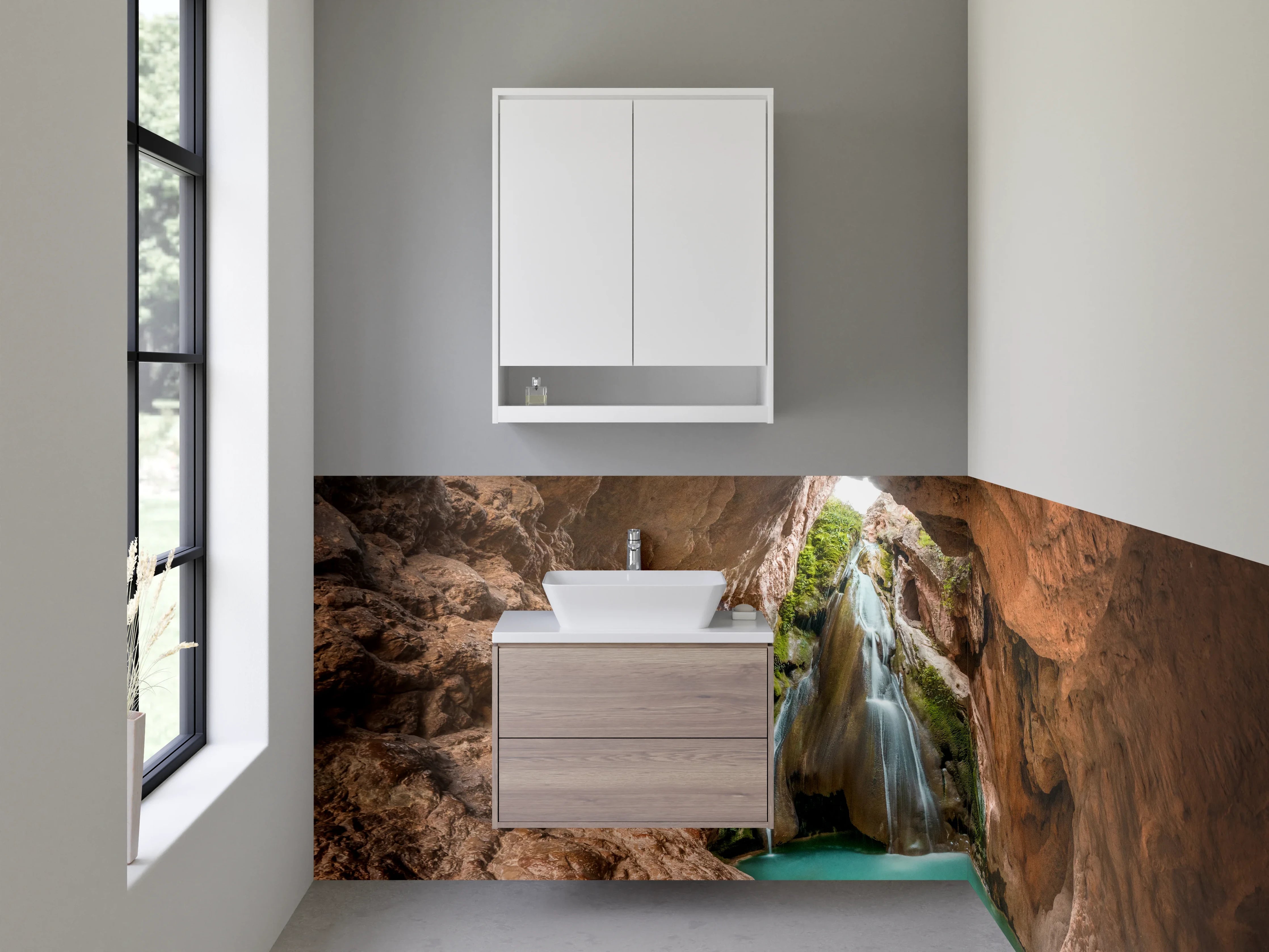 Waschbecken-Rückwand - Naturhöhle mit Wasserfall und türkisfarbenem Wasser