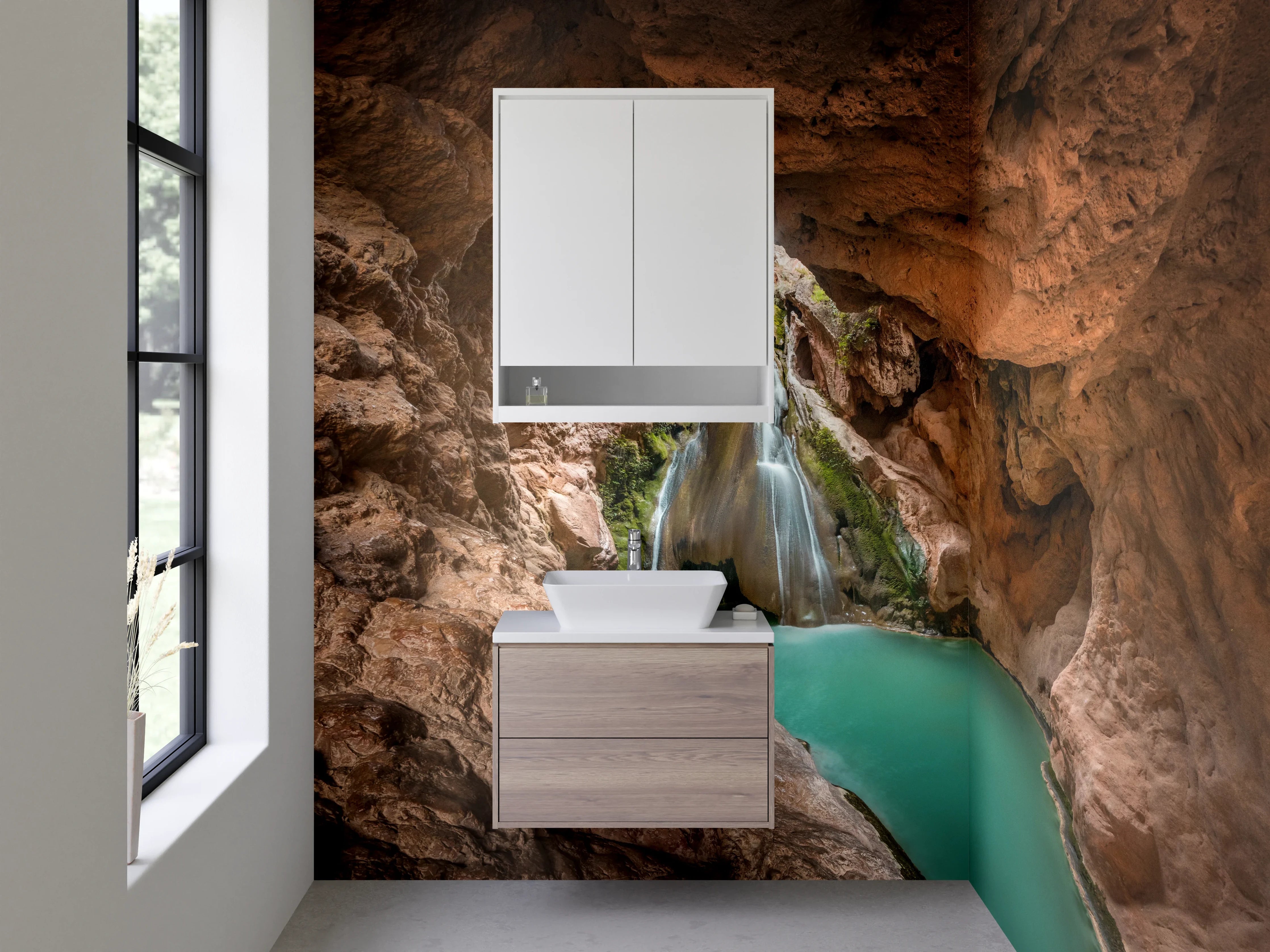 Waschbecken-Rückwand - Naturhöhle mit Wasserfall und türkisfarbenem Wasser