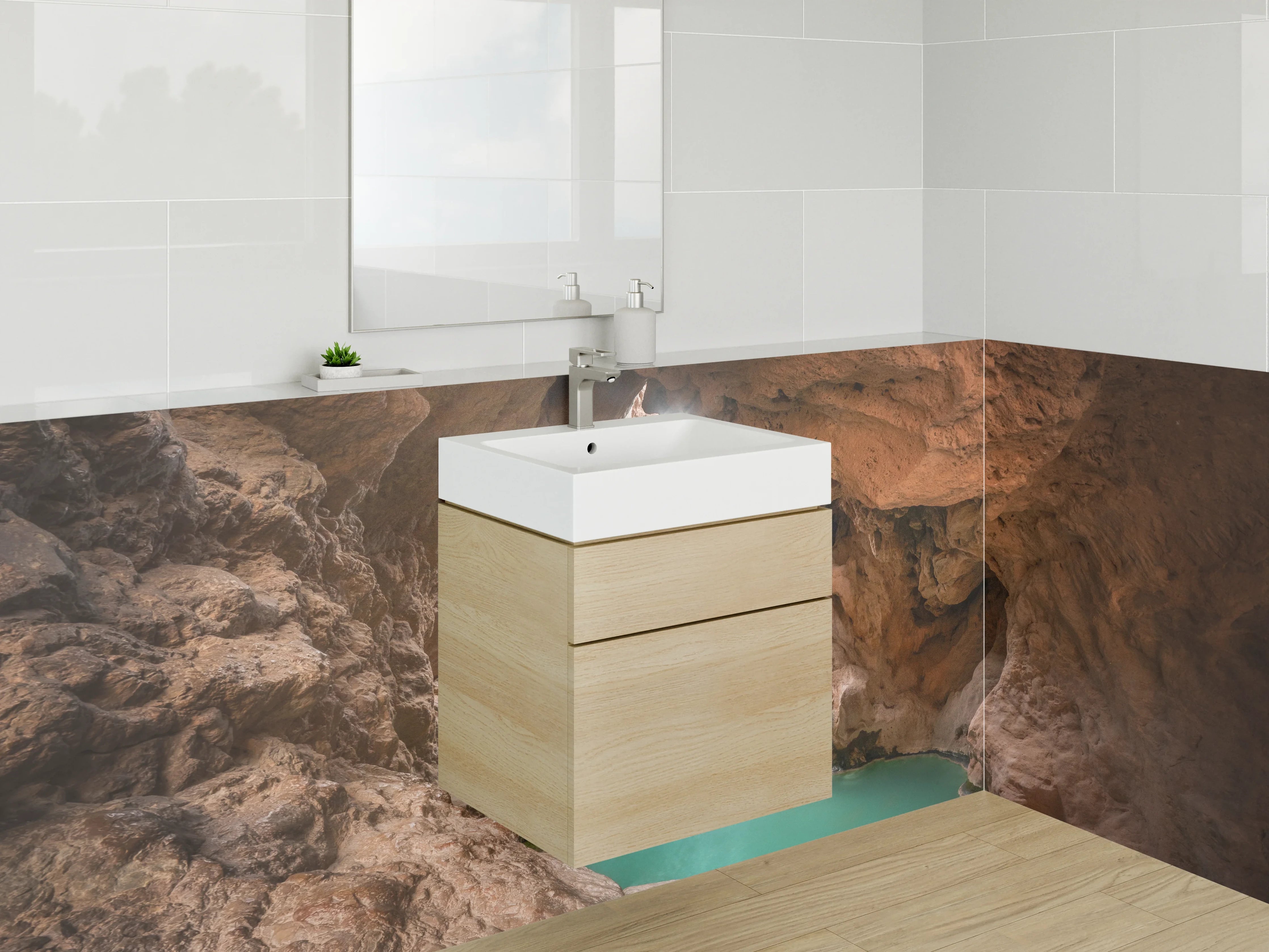Waschbecken-Rückwand - Naturhöhle mit Wasserfall und türkisfarbenem Wasser