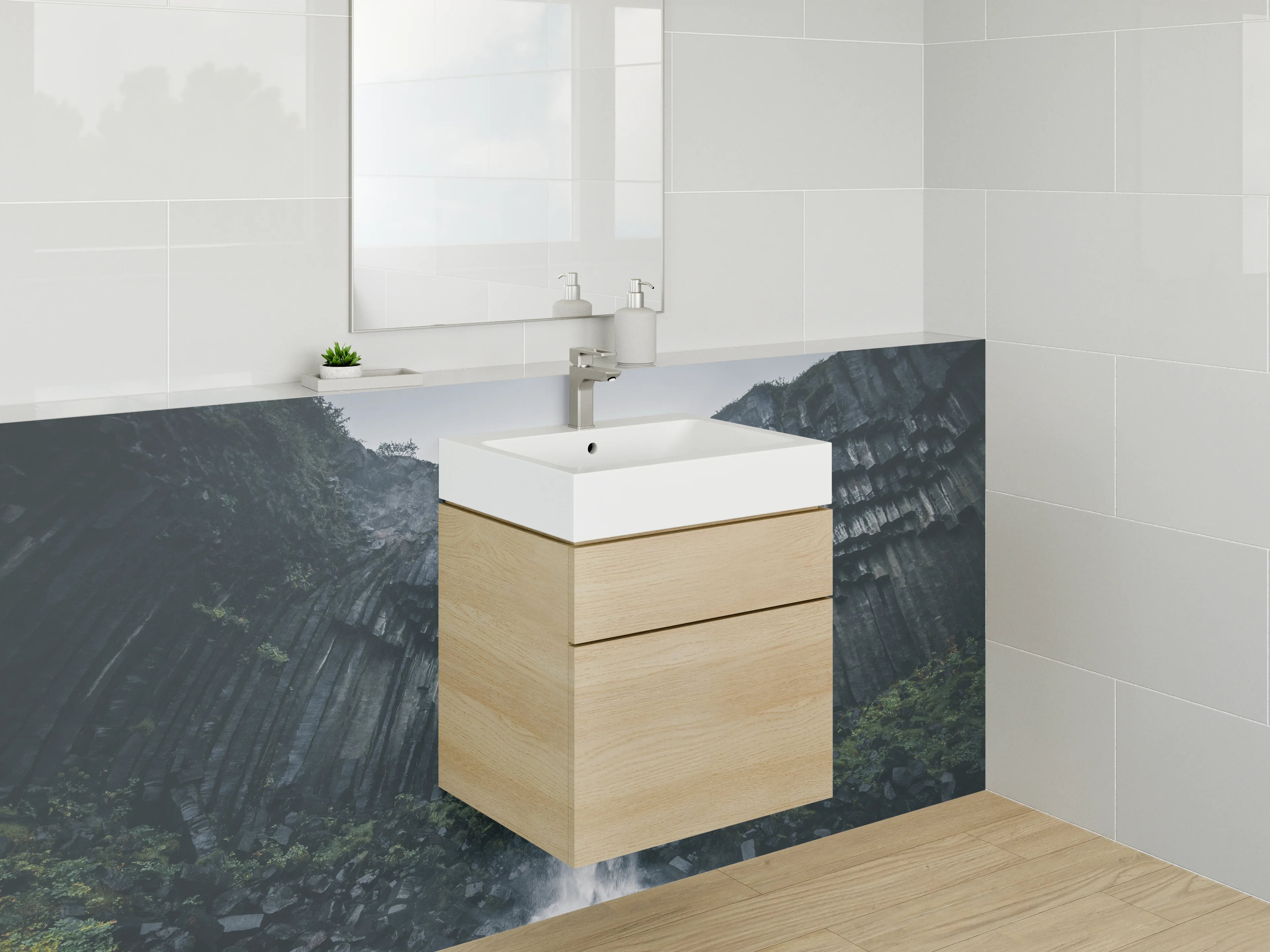 Waschbecken-Rückwand - Naturkraft Wasserfall Basaltfelsen