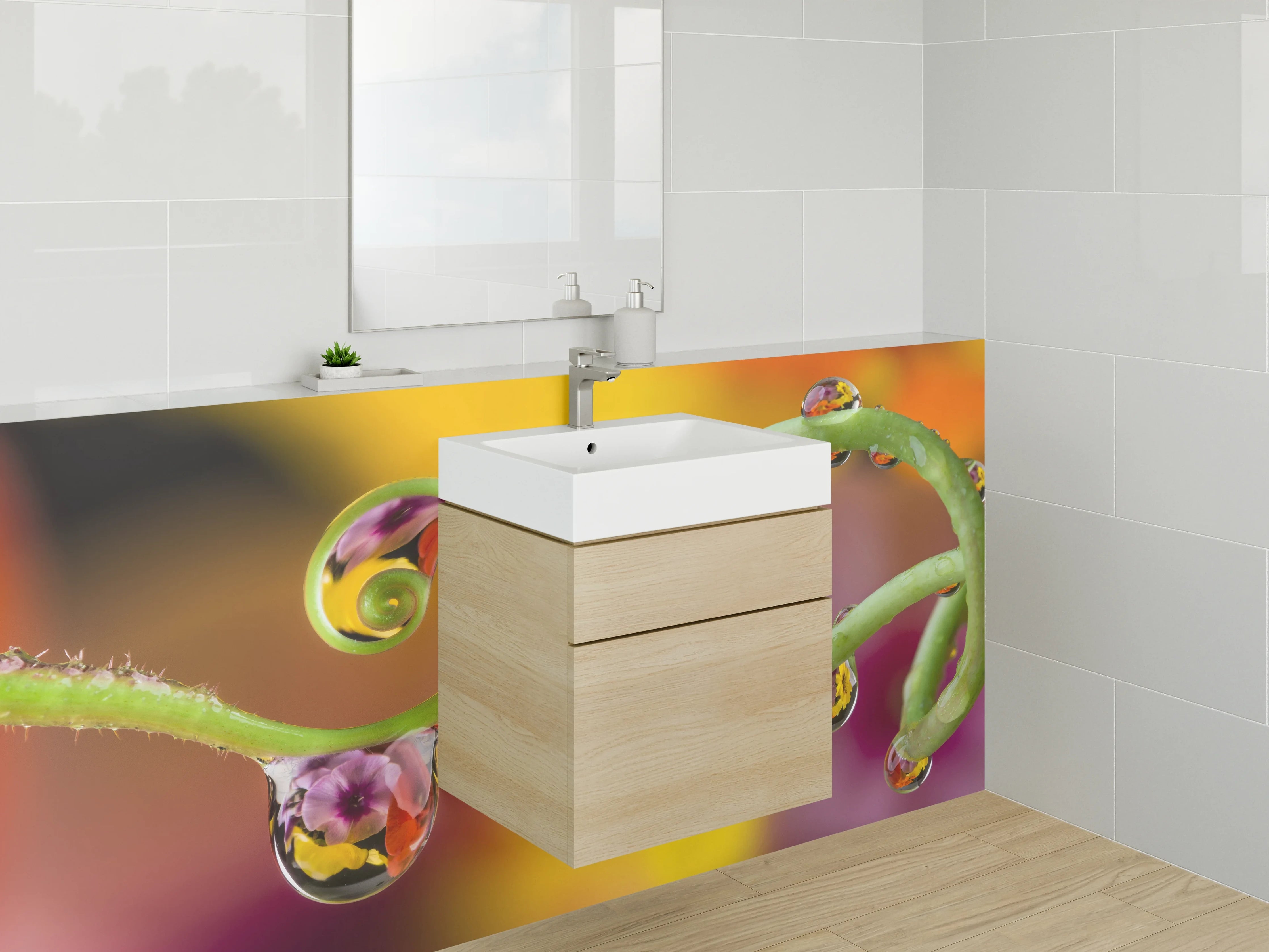Waschbecken-Rückwand - Naturspiralen mit farbigen Tautropfen