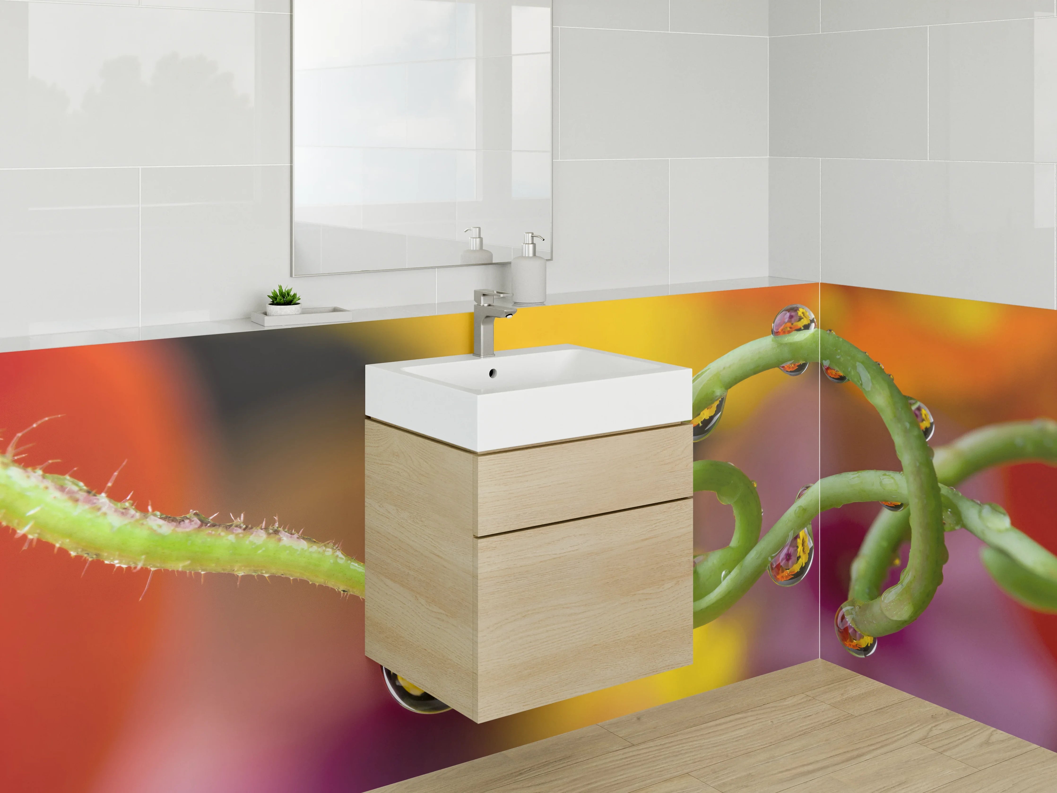 Waschbecken-Rückwand - Naturspiralen mit farbigen Tautropfen