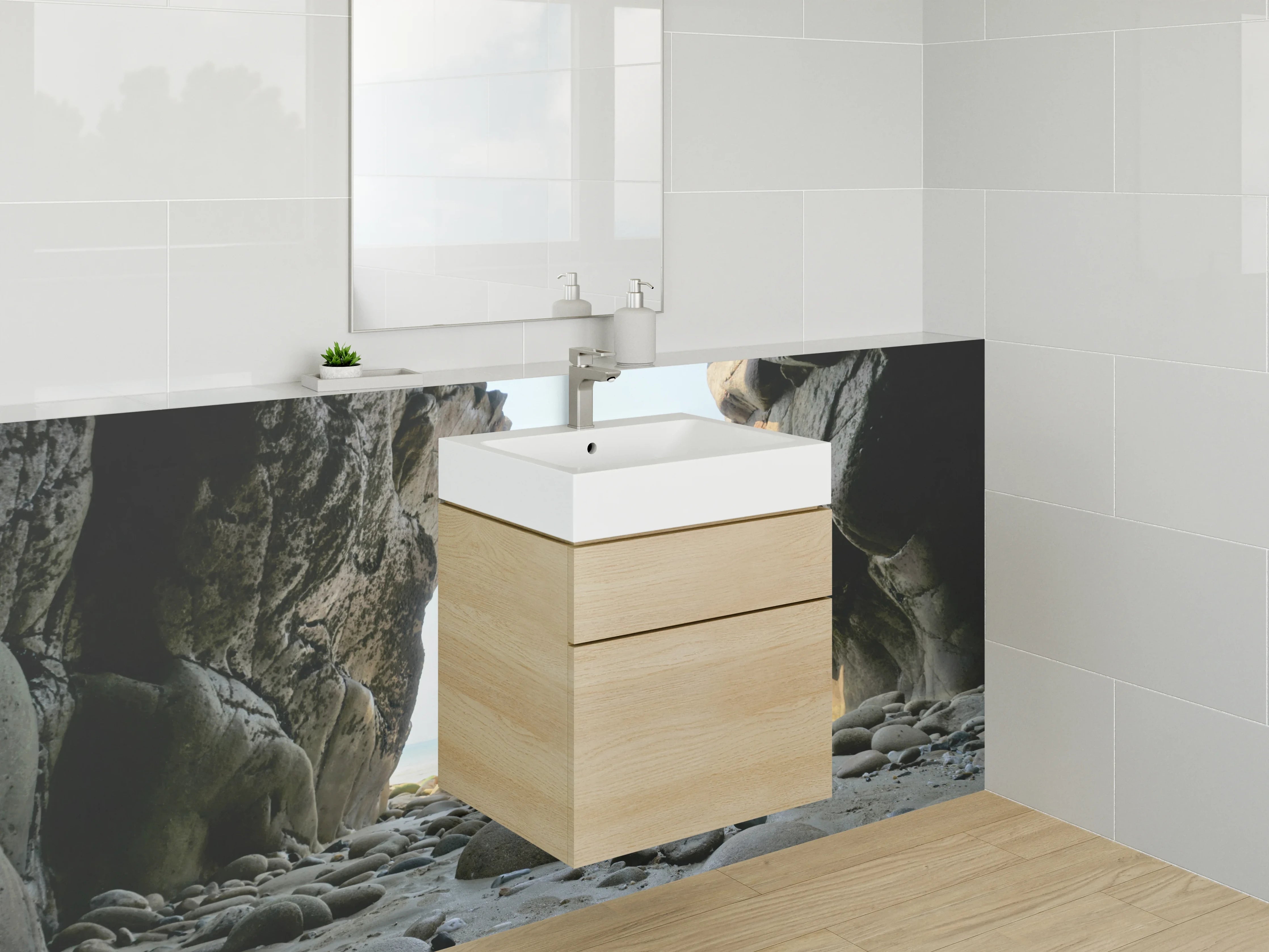 Waschbecken-Rückwand - Naturstein-Felsen mit Kieselsteinen