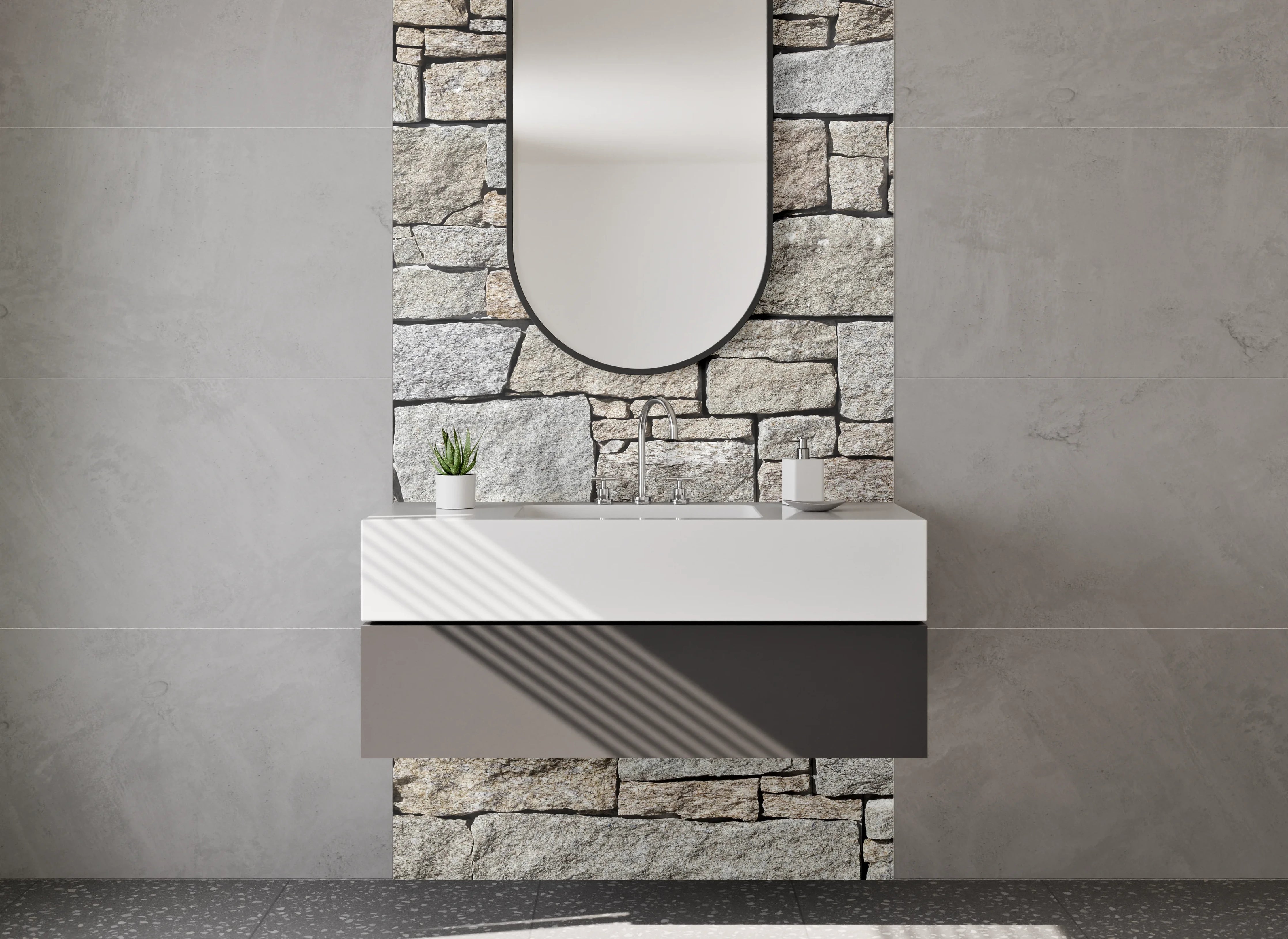 Waschbecken-Rückwand - Naturstein Maueroptik Beige Grau