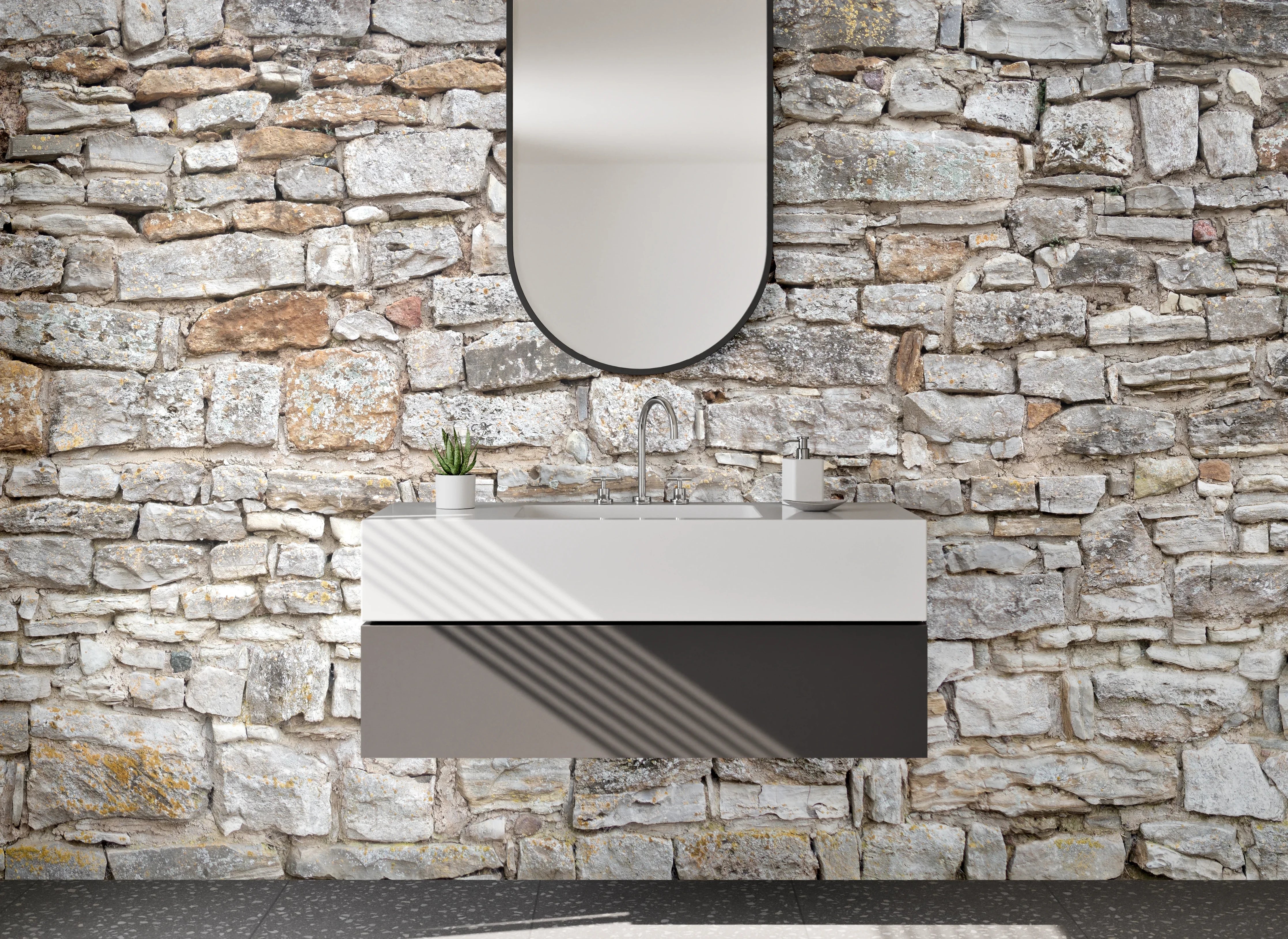 Waschbecken-Rückwand - Naturstein-Optik Mauer hellgrau weiß