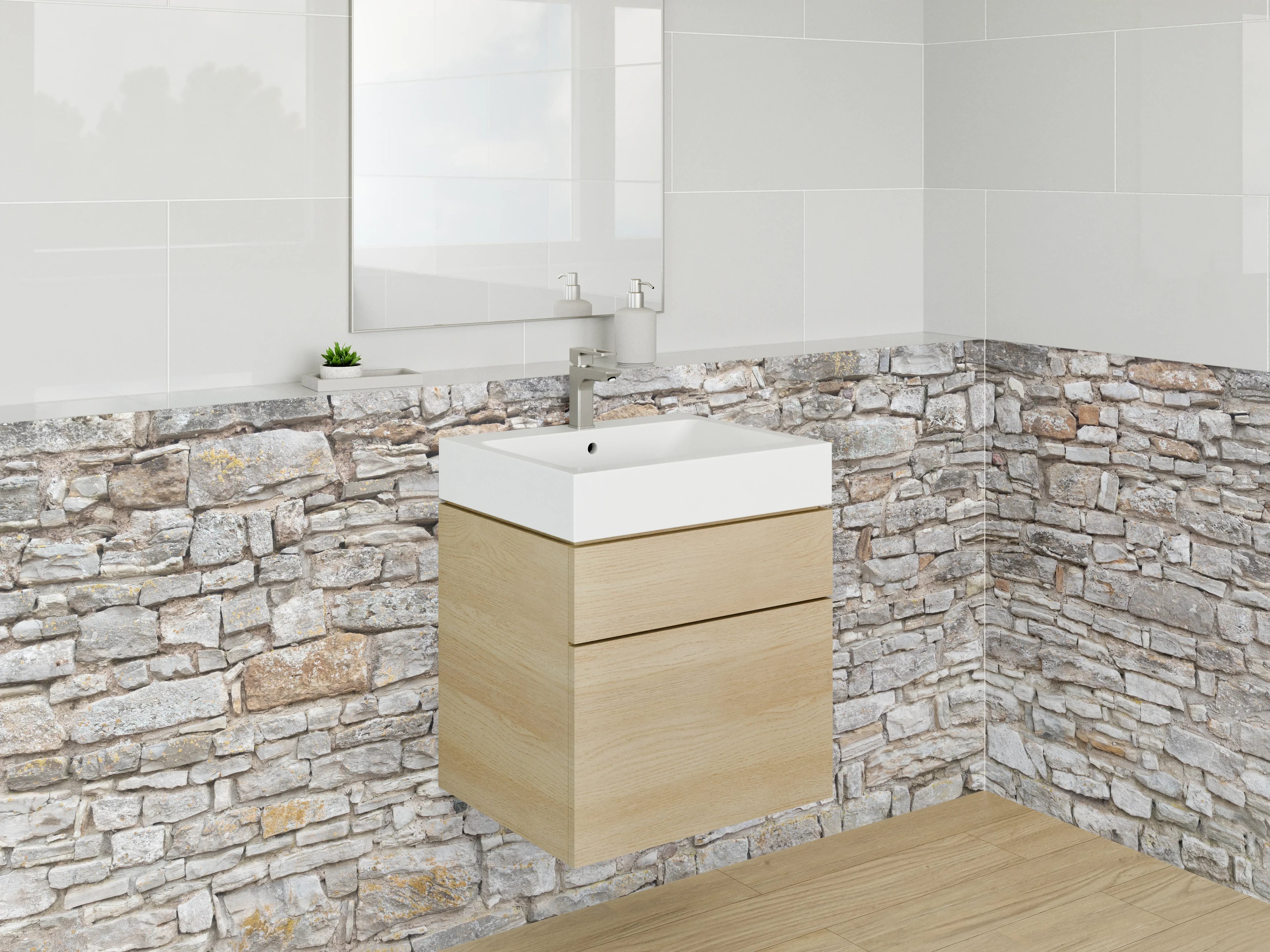 Waschbecken-Rückwand - Naturstein-Optik Mauer hellgrau weiß