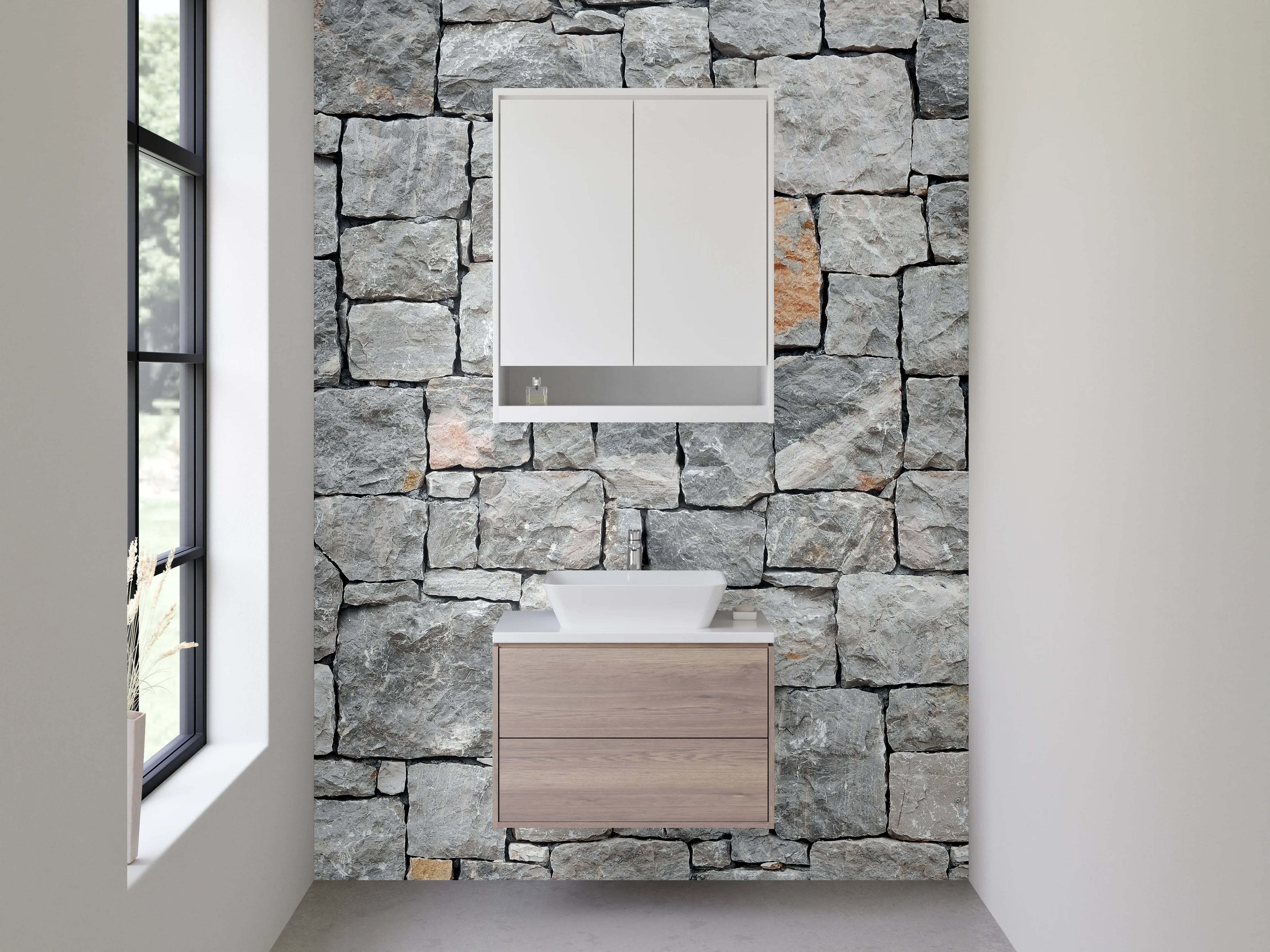 Waschbecken-Rückwand - Naturstein-Optik Steinmauer Grau