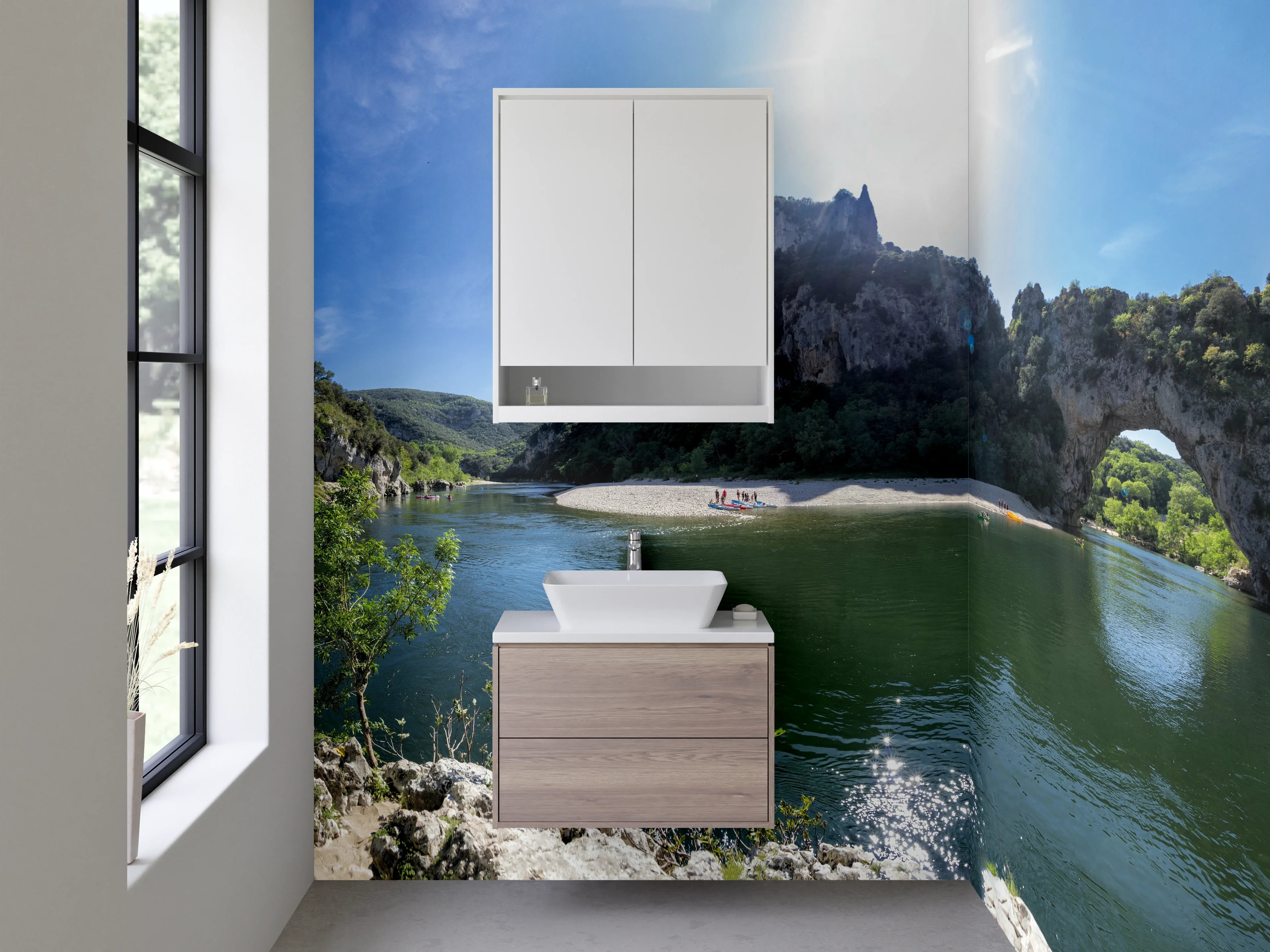 Waschbecken-Rückwand - Natursteinbrücke am Fluss Panorama