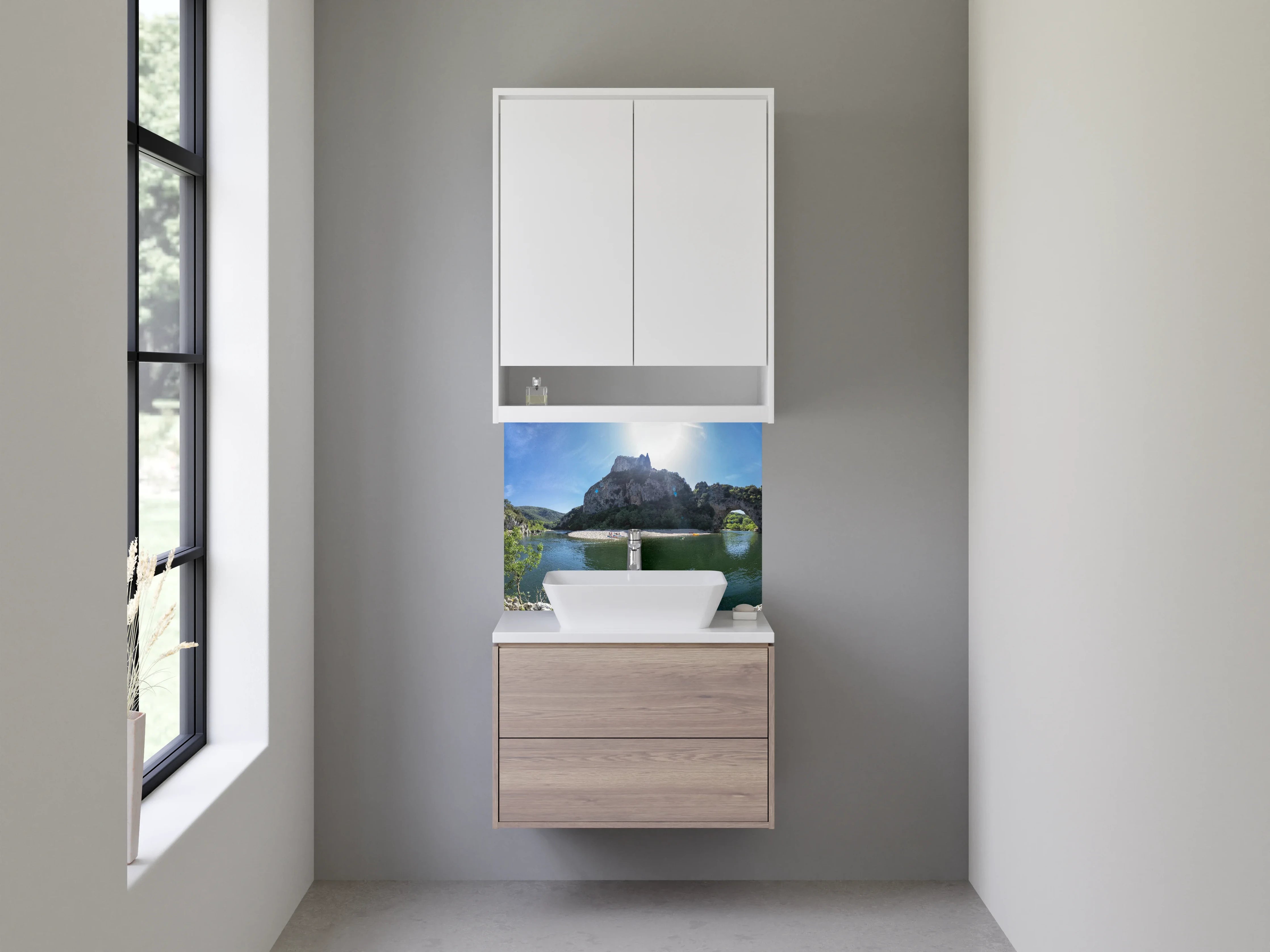 Waschbecken-Rückwand - Natursteinbrücke am Fluss Panorama