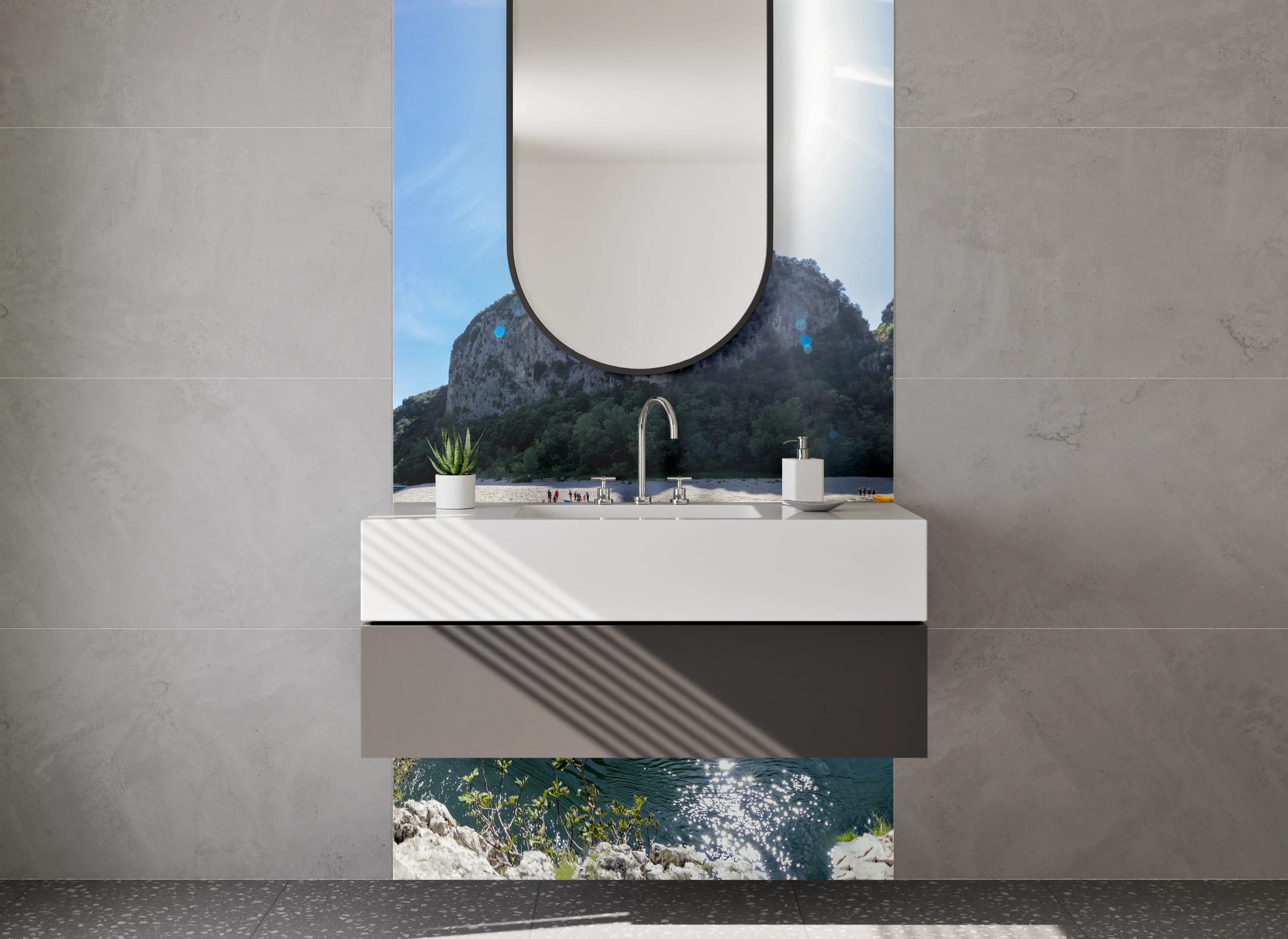 Waschbecken-Rückwand - Natursteinbrücke am Fluss Panorama