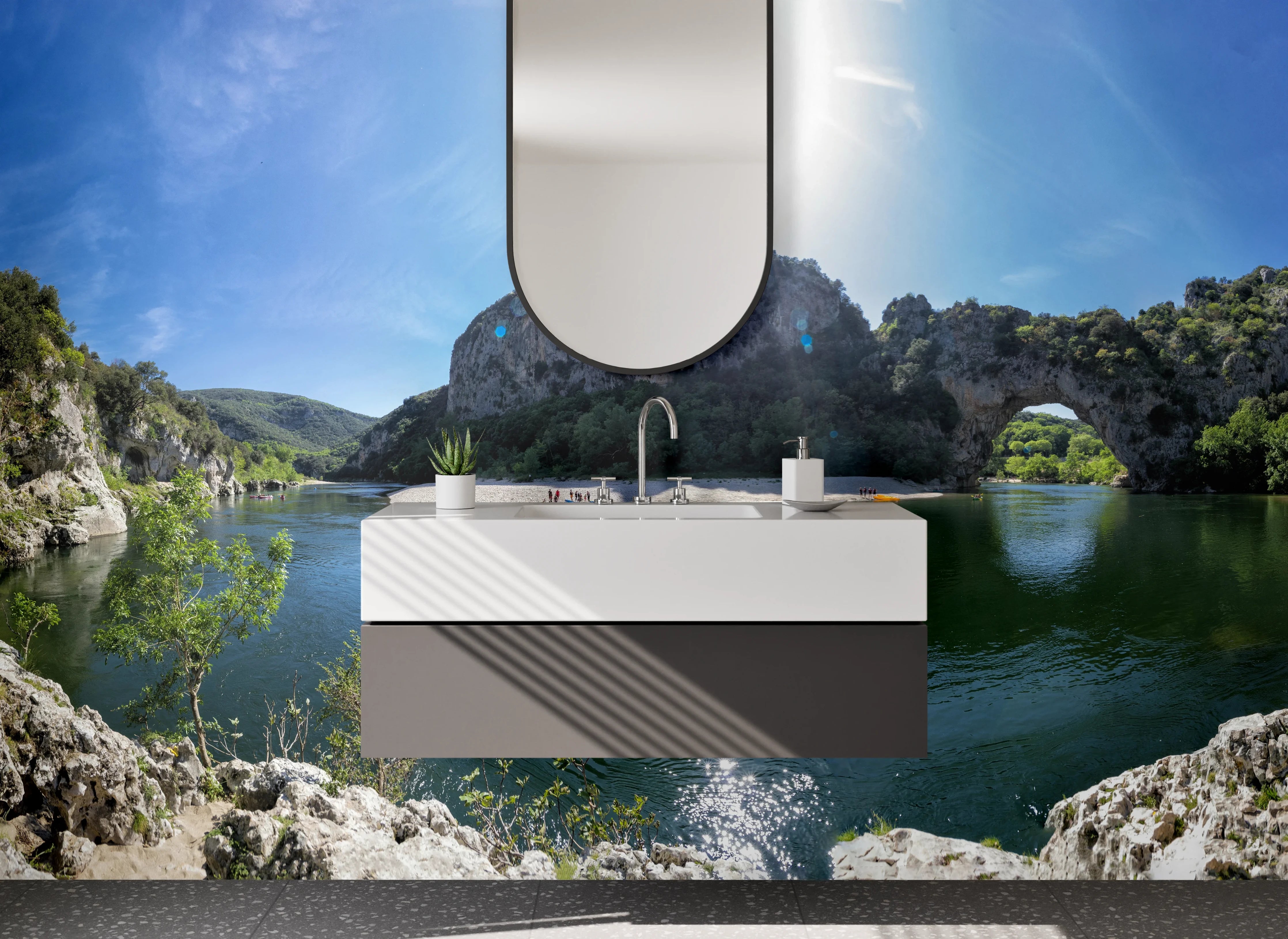 Waschbecken-Rückwand - Natursteinbrücke am Fluss Panorama