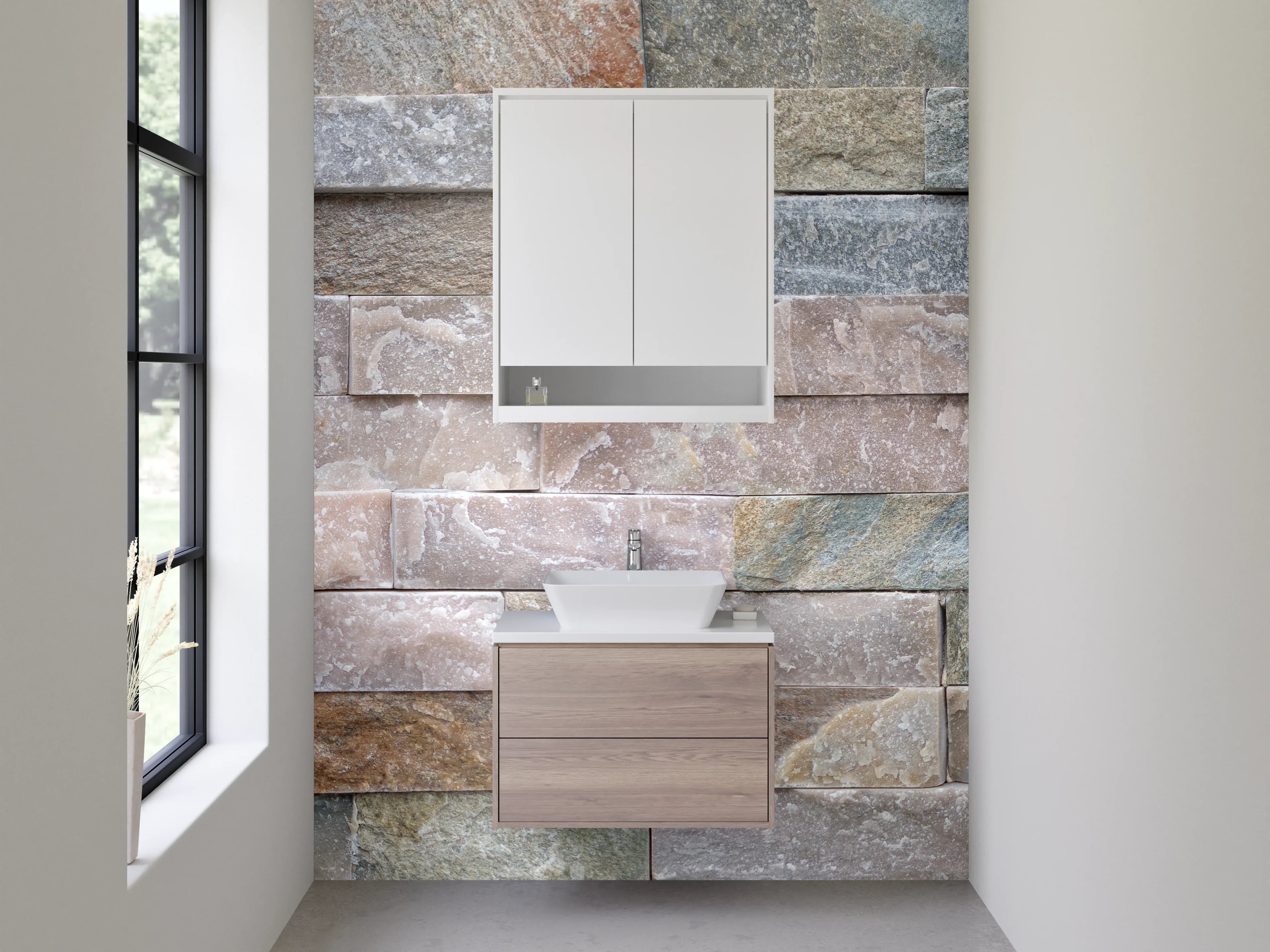 Waschbecken-Rückwand - Natursteinmauer Fliesenoptik Beige Grau