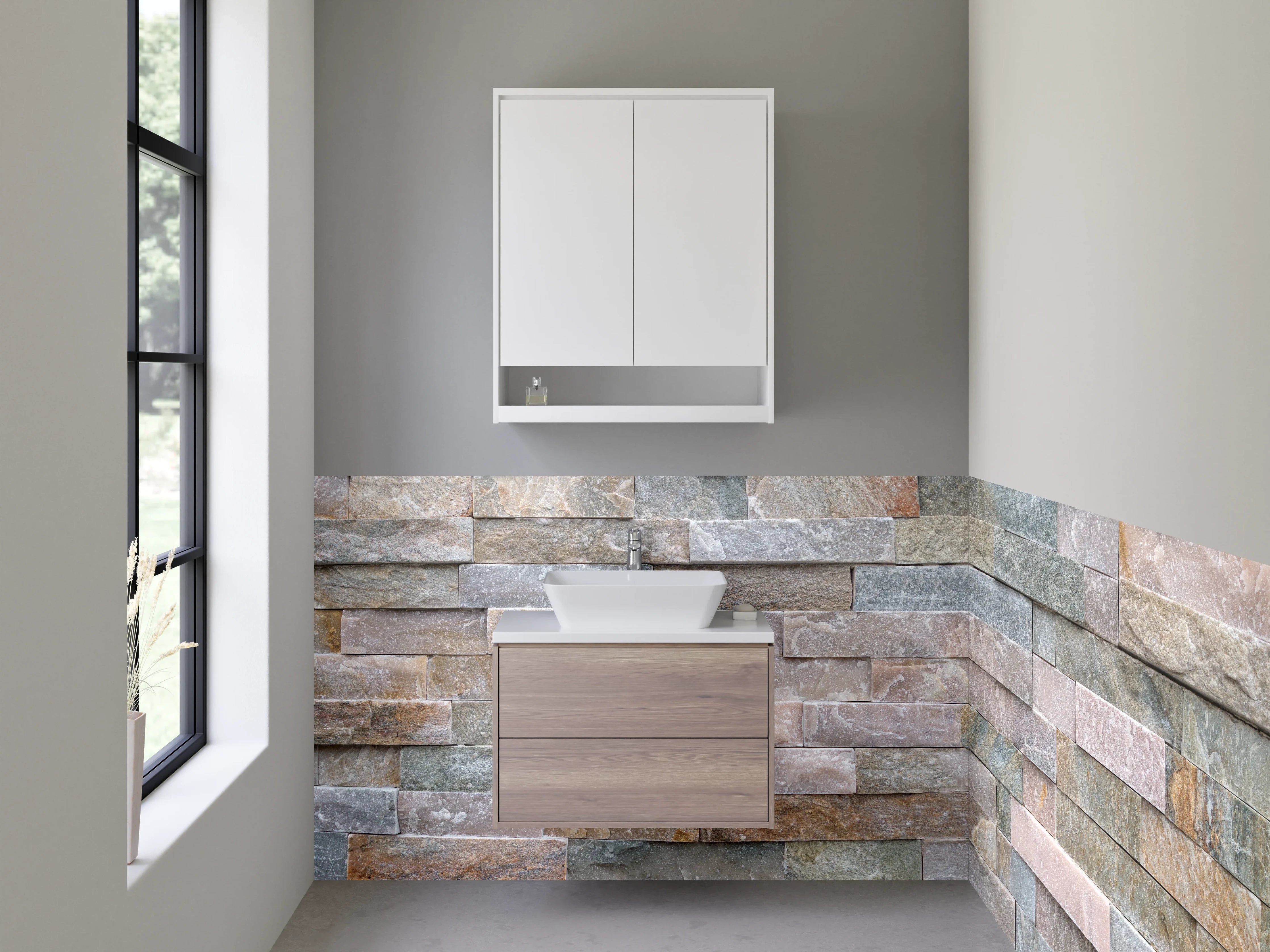 Waschbecken-Rückwand - Natursteinmauer Fliesenoptik Beige Grau